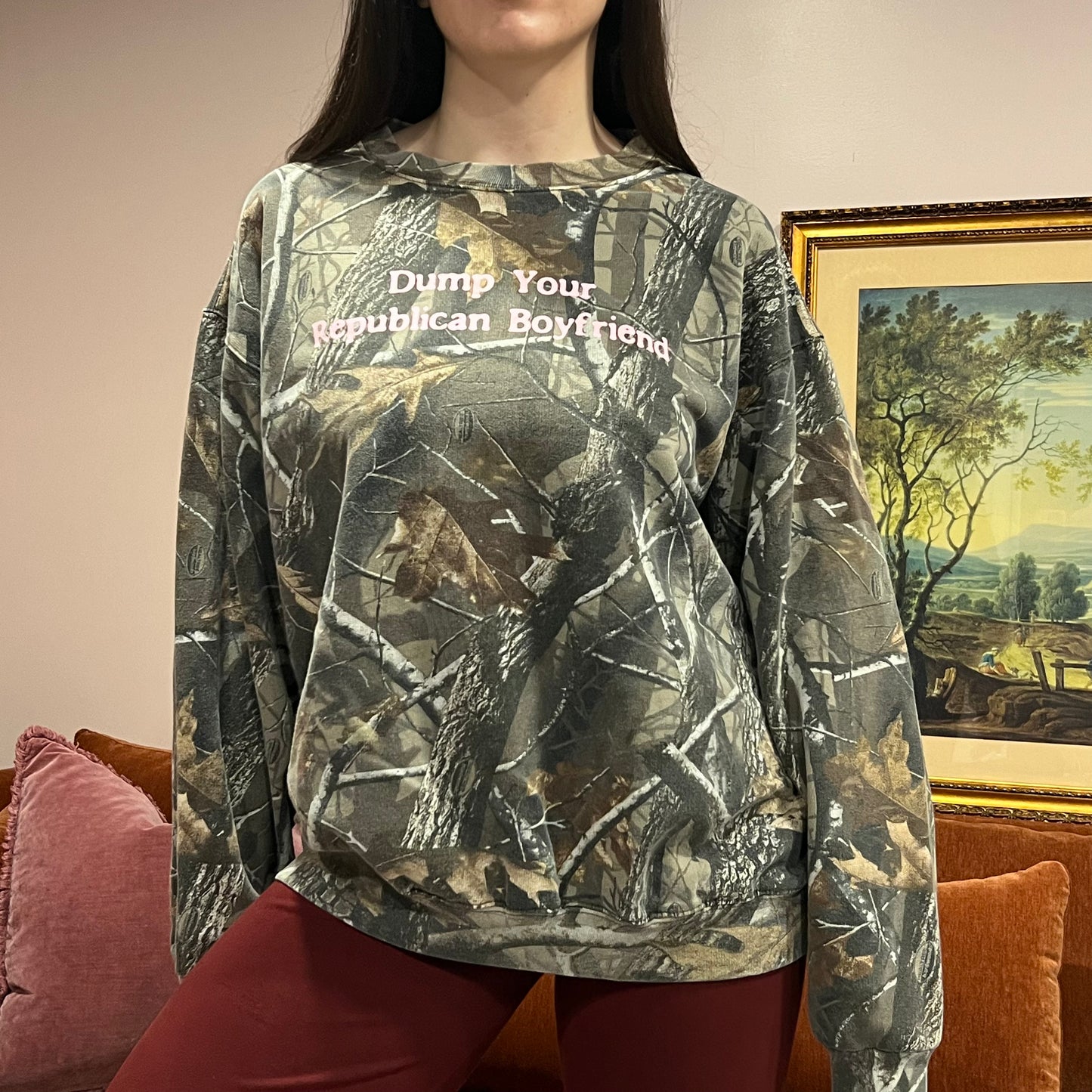 DUMP YOUR REPUBLICAN BOYFRIEND camo crewneck with pink text (XL)