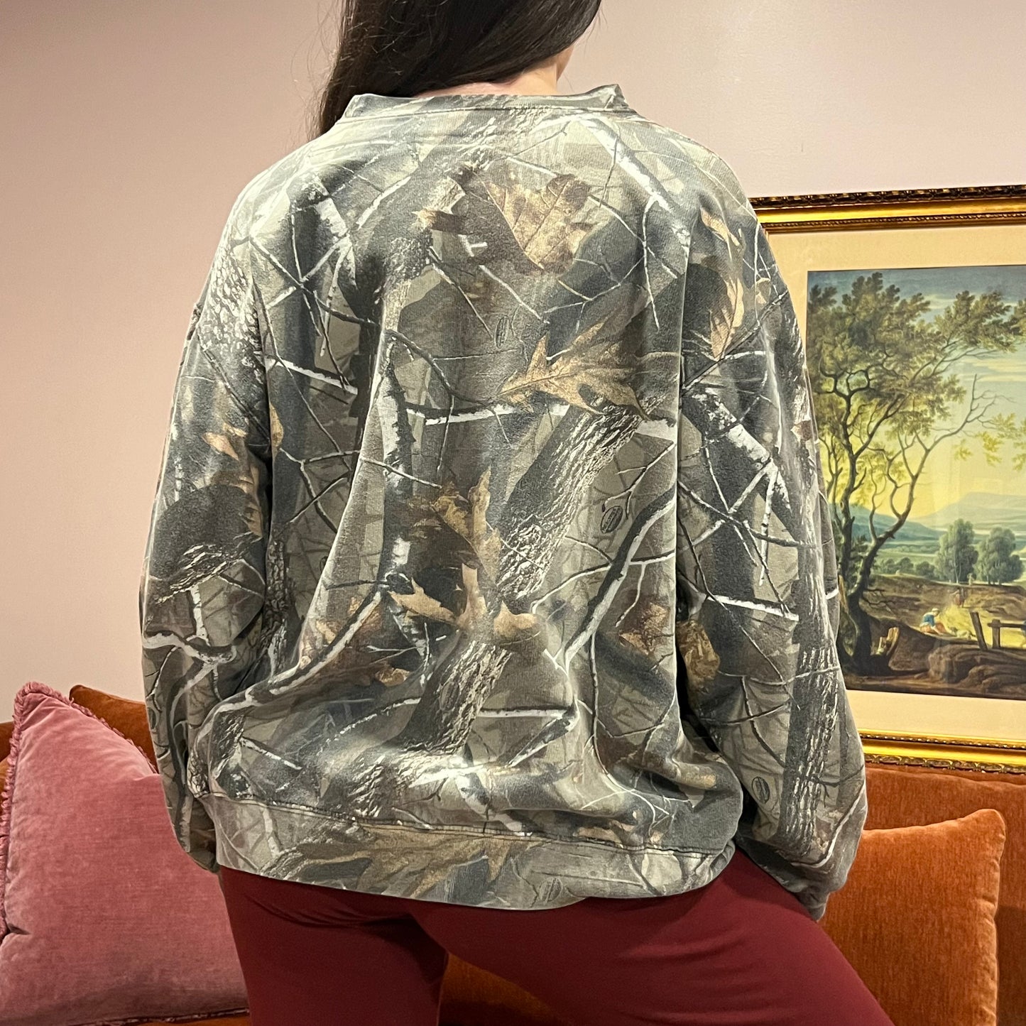 DUMP YOUR REPUBLICAN BOYFRIEND camo crewneck with pink text (XL)