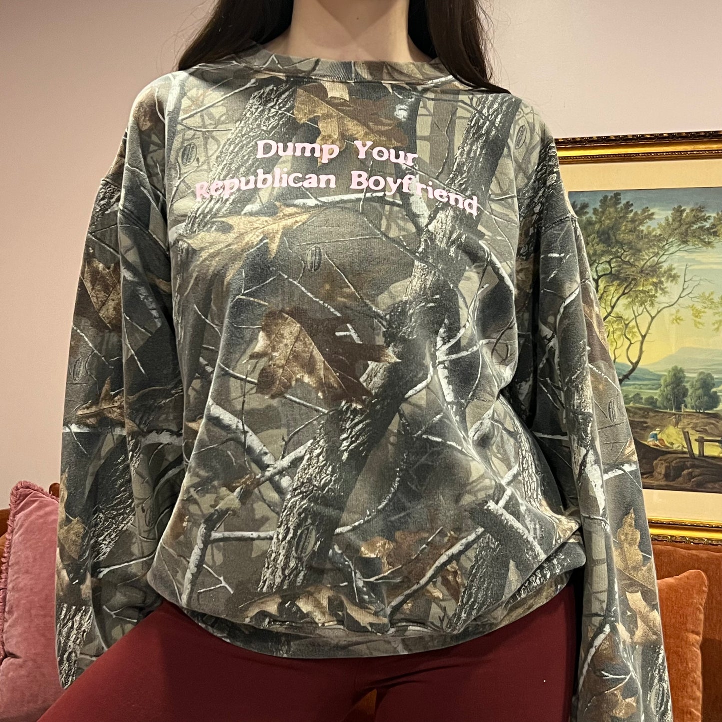 DUMP YOUR REPUBLICAN BOYFRIEND camo crewneck with pink text (XL)