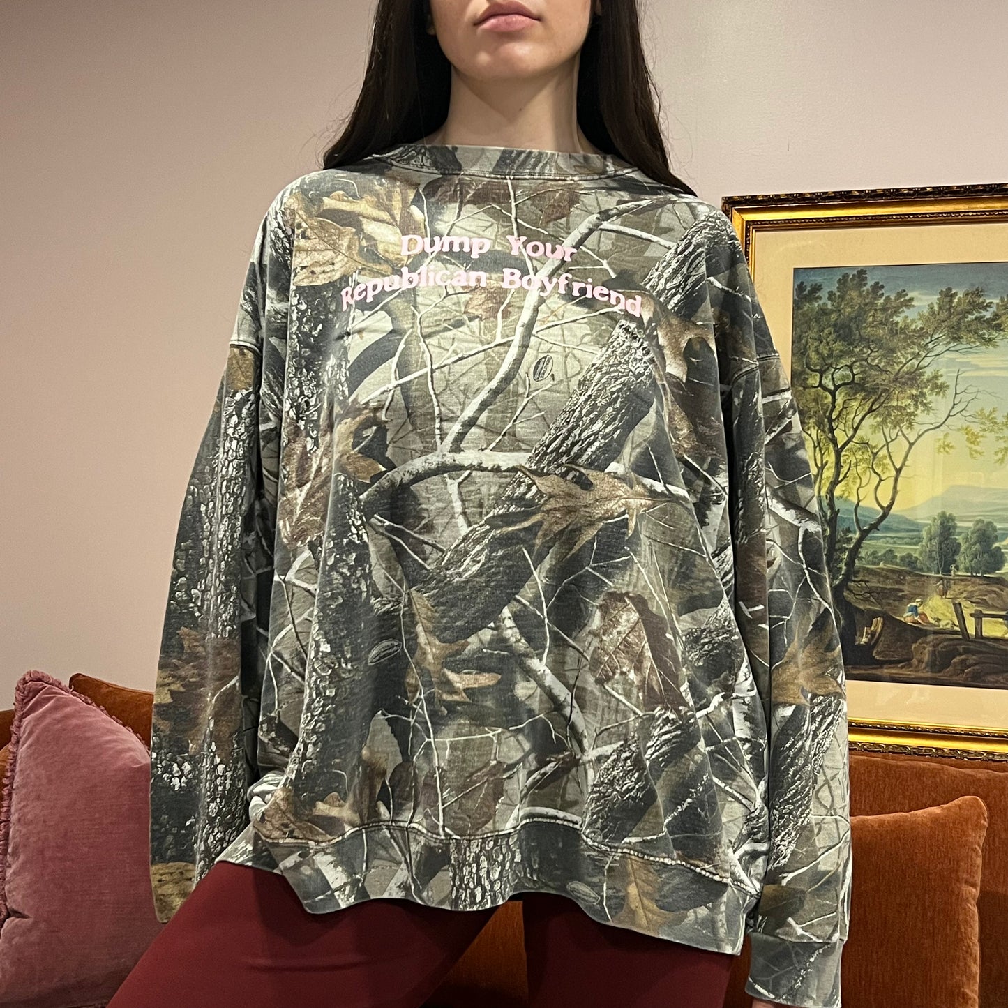DUMP YOUR REPUBLICAN BOYFRIEND camo crewneck with pink text (3XL)