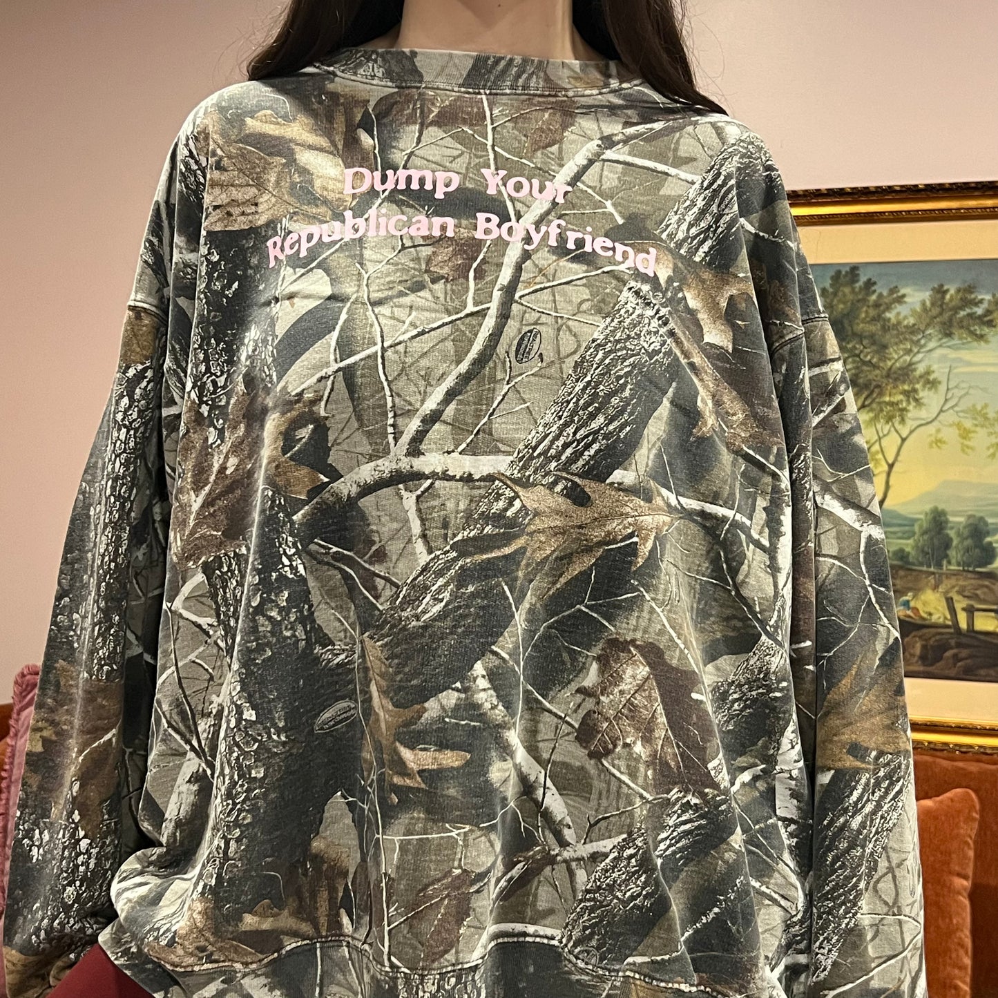 DUMP YOUR REPUBLICAN BOYFRIEND camo crewneck with pink text (3XL)