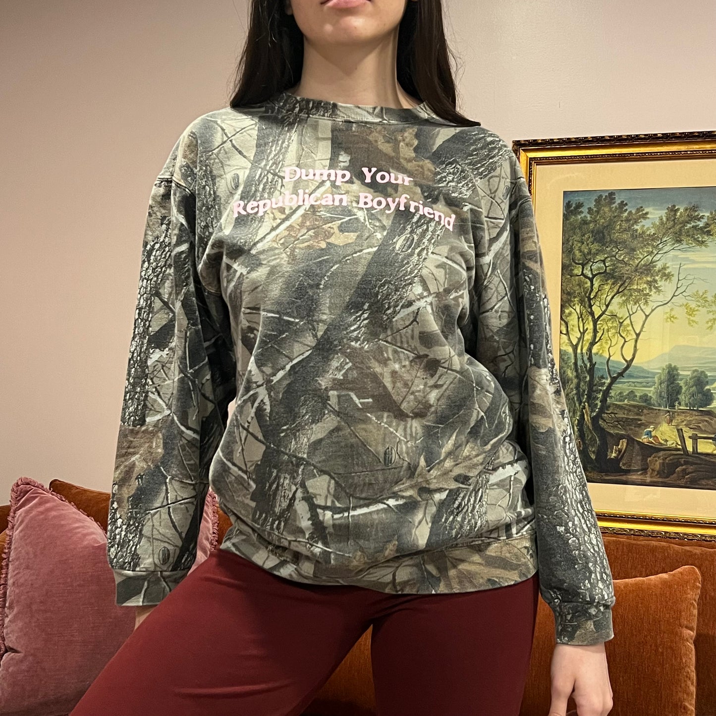 DUMP YOUR REPUBLICAN BOYFRIEND camo crewneck with pink text (M)
