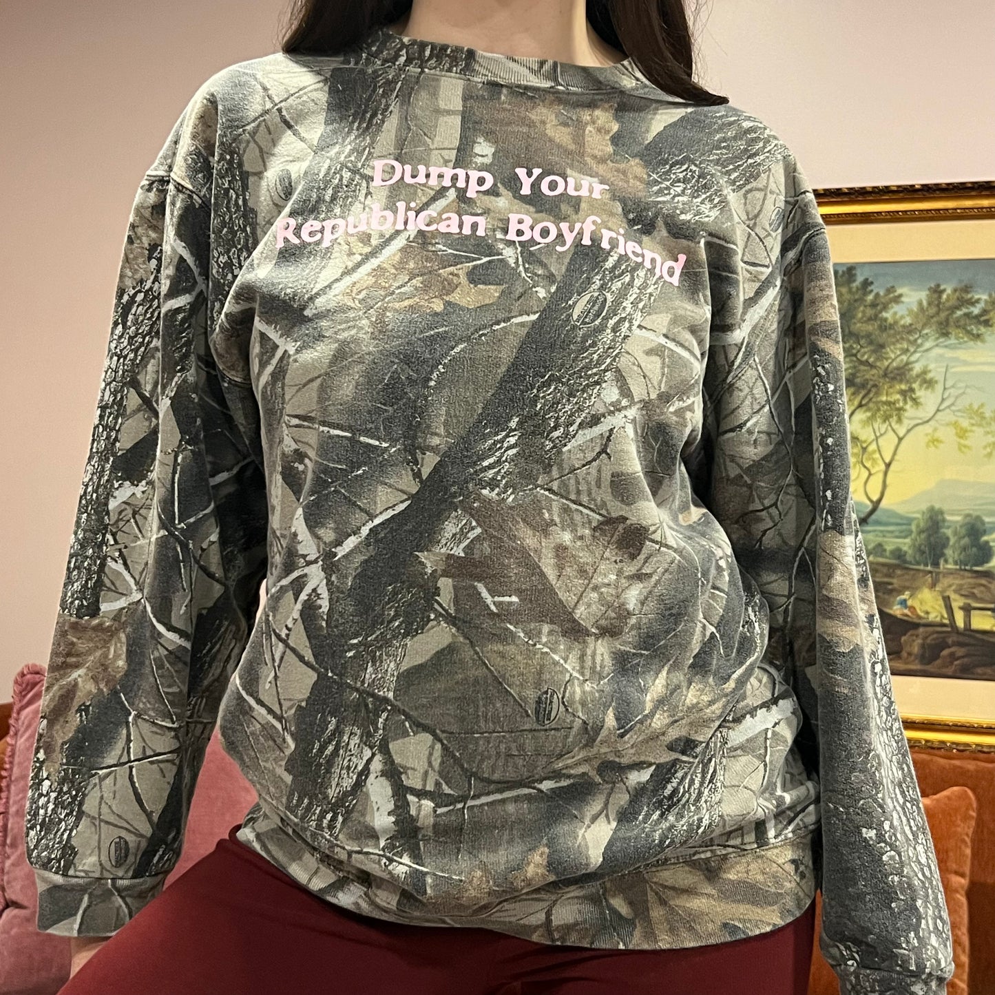 DUMP YOUR REPUBLICAN BOYFRIEND camo crewneck with pink text (M)