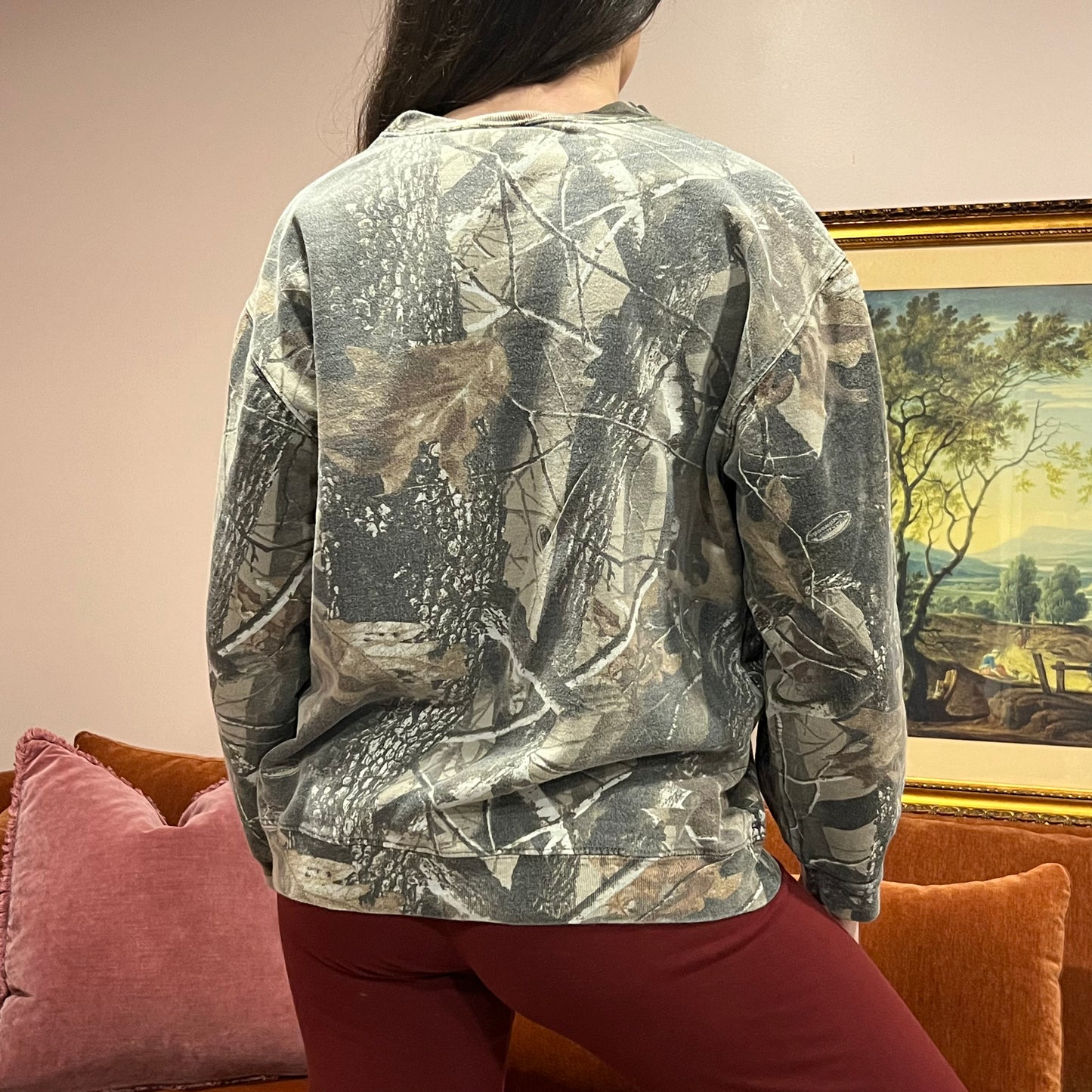 DUMP YOUR REPUBLICAN BOYFRIEND camo crewneck with pink text (M)