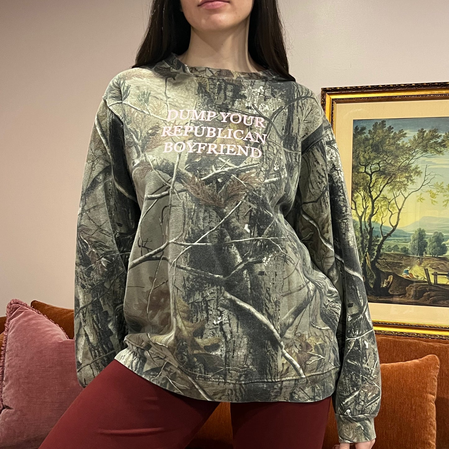 DUMP YOUR REPUBLICAN BOYFRIEND camo crewneck with pink text (L)