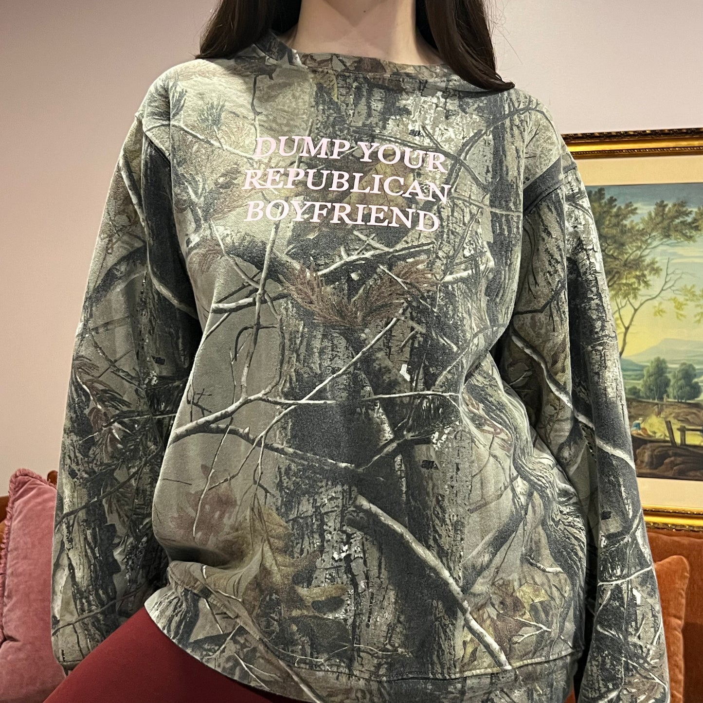 DUMP YOUR REPUBLICAN BOYFRIEND camo crewneck with pink text (L)