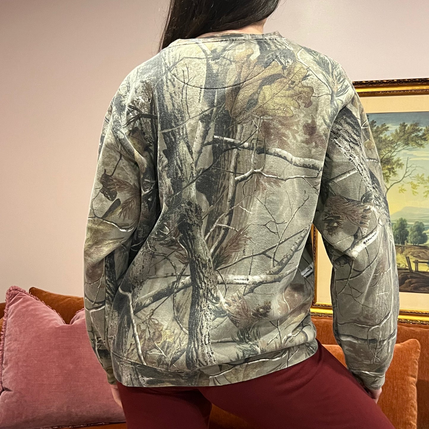 DUMP YOUR REPUBLICAN BOYFRIEND camo crewneck with pink text (L)
