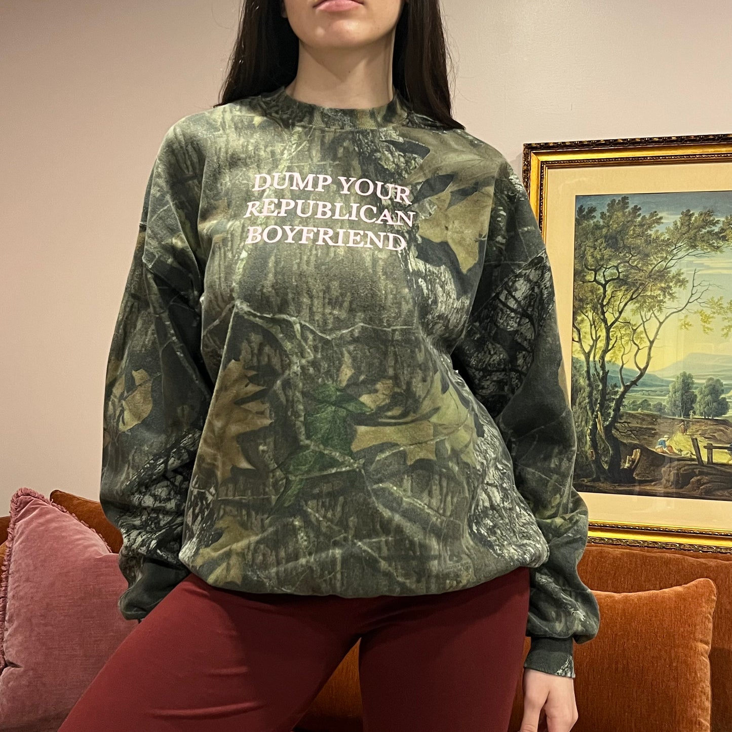 DUMP YOUR REPUBLICAN BOYFRIEND camo crewneck with pink text (XL)