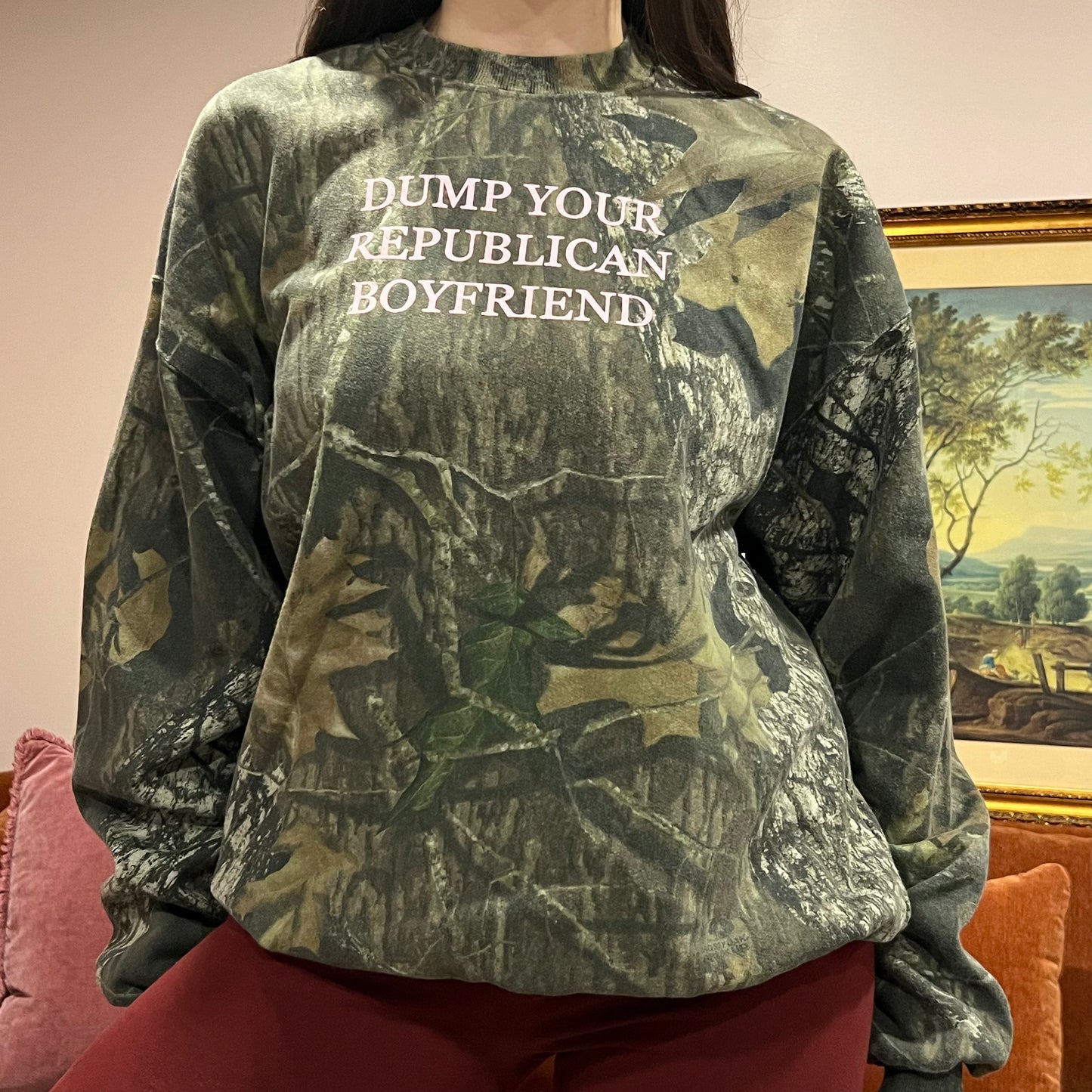 DUMP YOUR REPUBLICAN BOYFRIEND camo crewneck with pink text (XL)