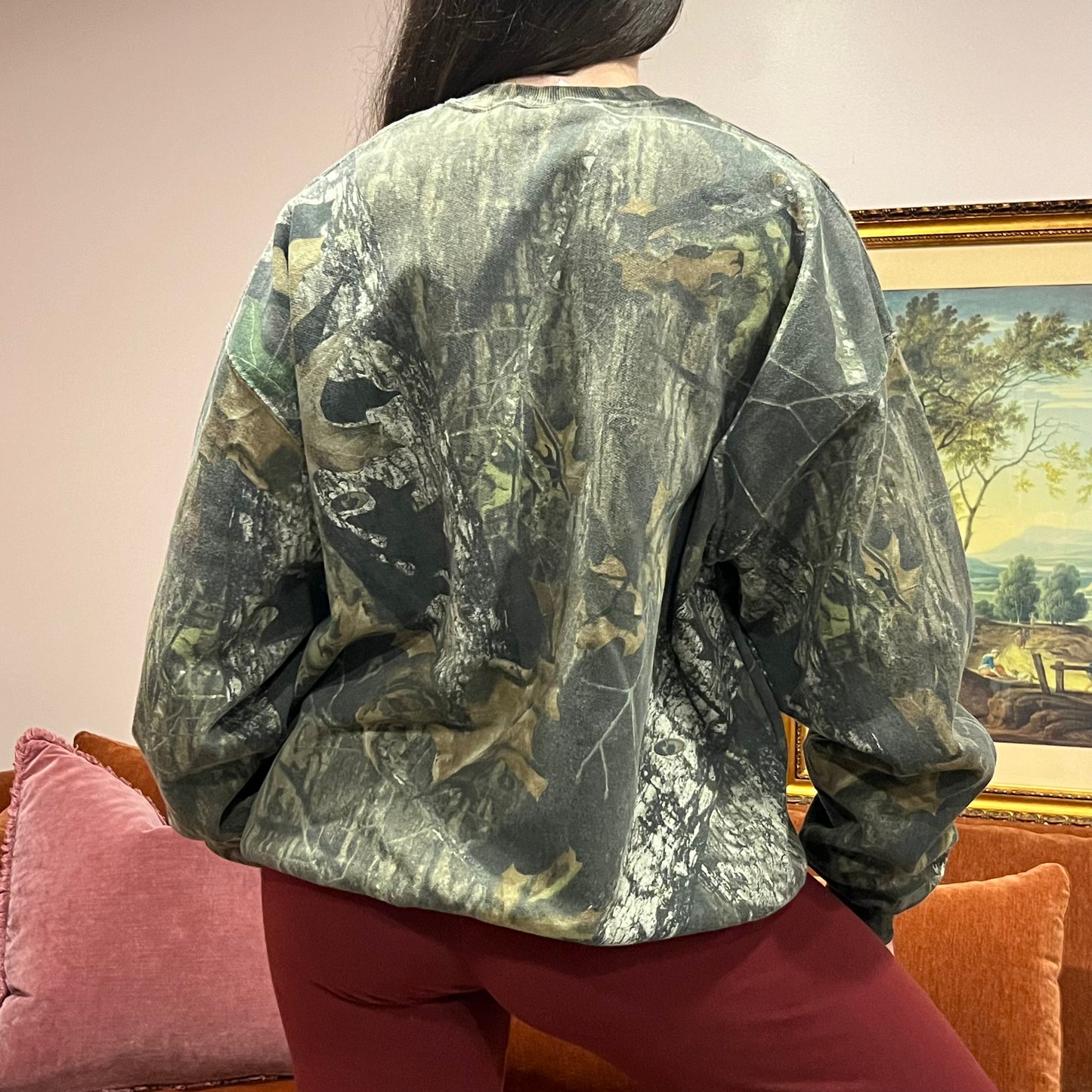 DUMP YOUR REPUBLICAN BOYFRIEND camo crewneck with pink text (XL)
