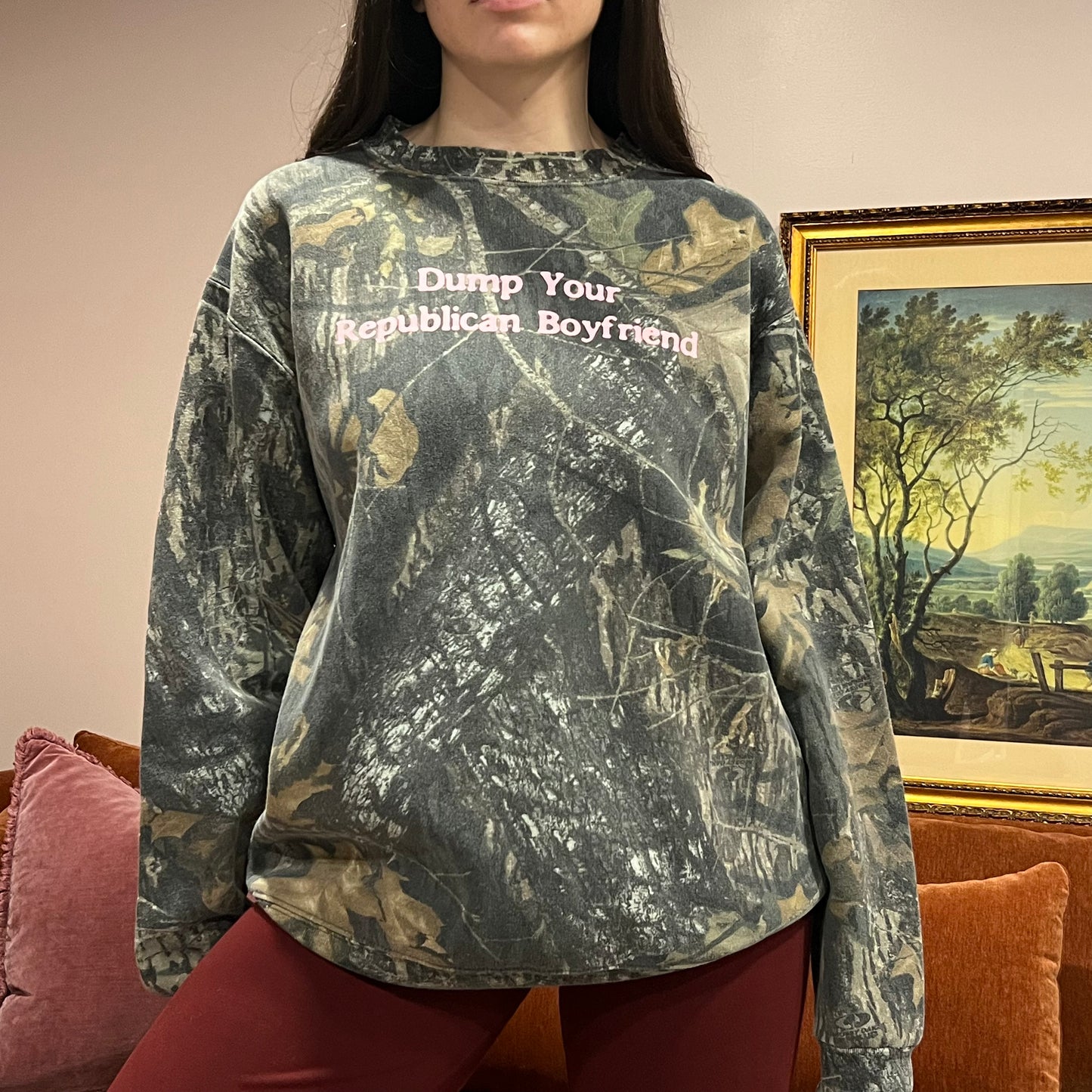 DUMP YOUR REPUBLICAN BOYFRIEND camo crewneck with pink text (L)