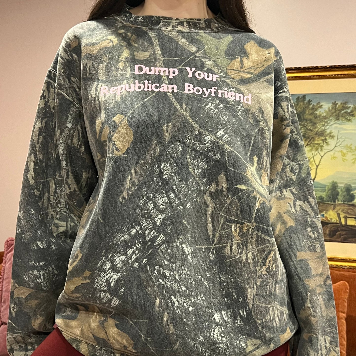 DUMP YOUR REPUBLICAN BOYFRIEND camo crewneck with pink text (L)