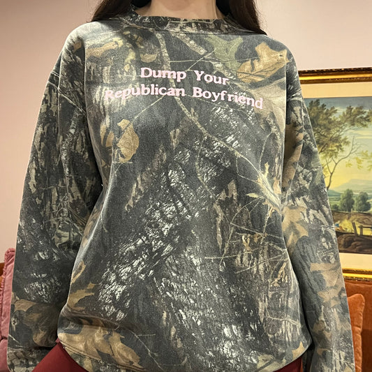 DUMP YOUR REPUBLICAN BOYFRIEND camo crewneck with pink text (L)