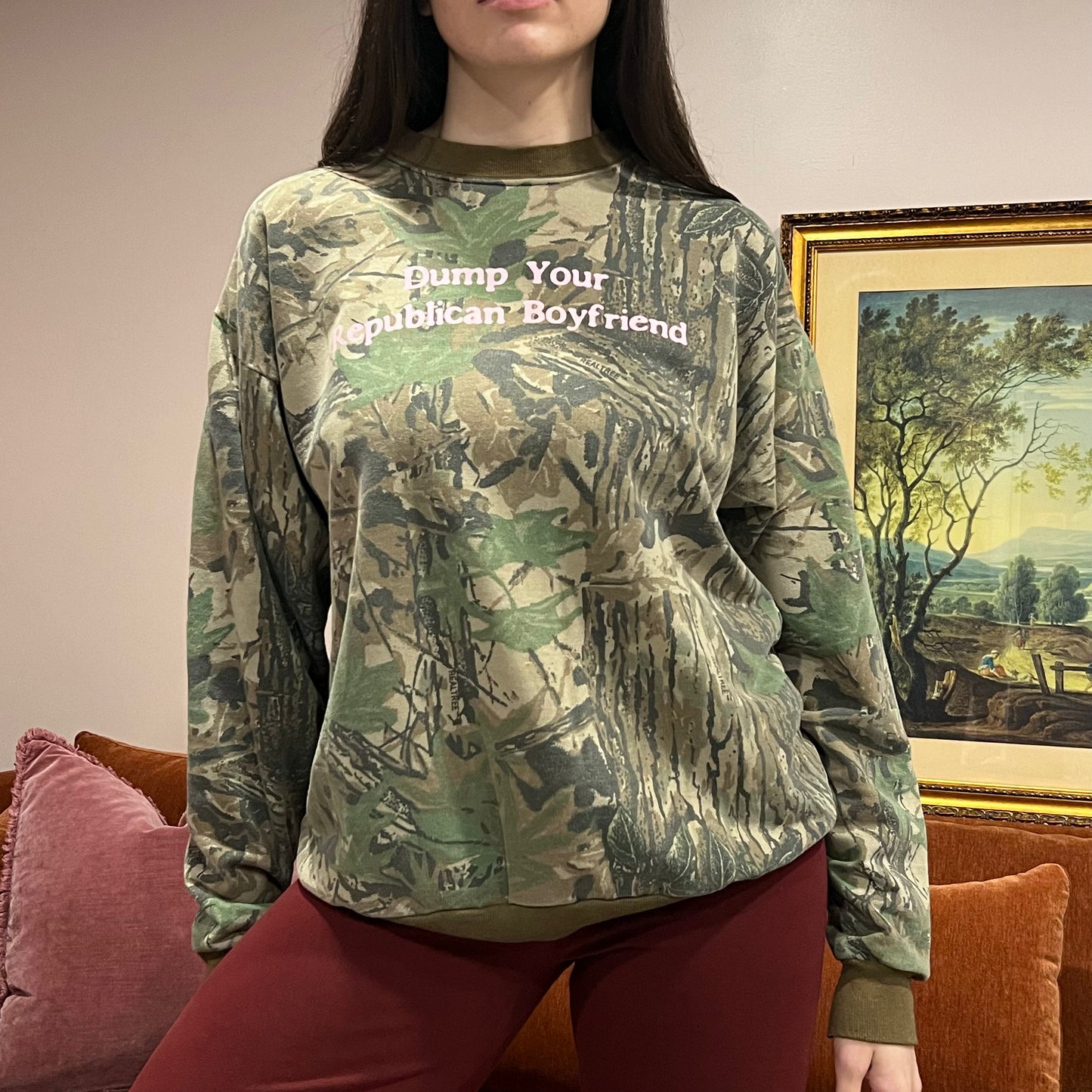 DUMP YOUR REPUBLICAN BOYFRIEND camo crewneck with pink text (L/XL)