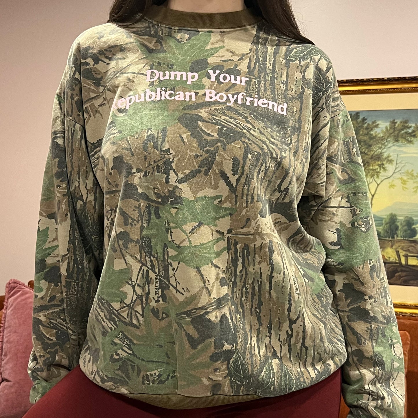 DUMP YOUR REPUBLICAN BOYFRIEND camo crewneck with pink text (L/XL)