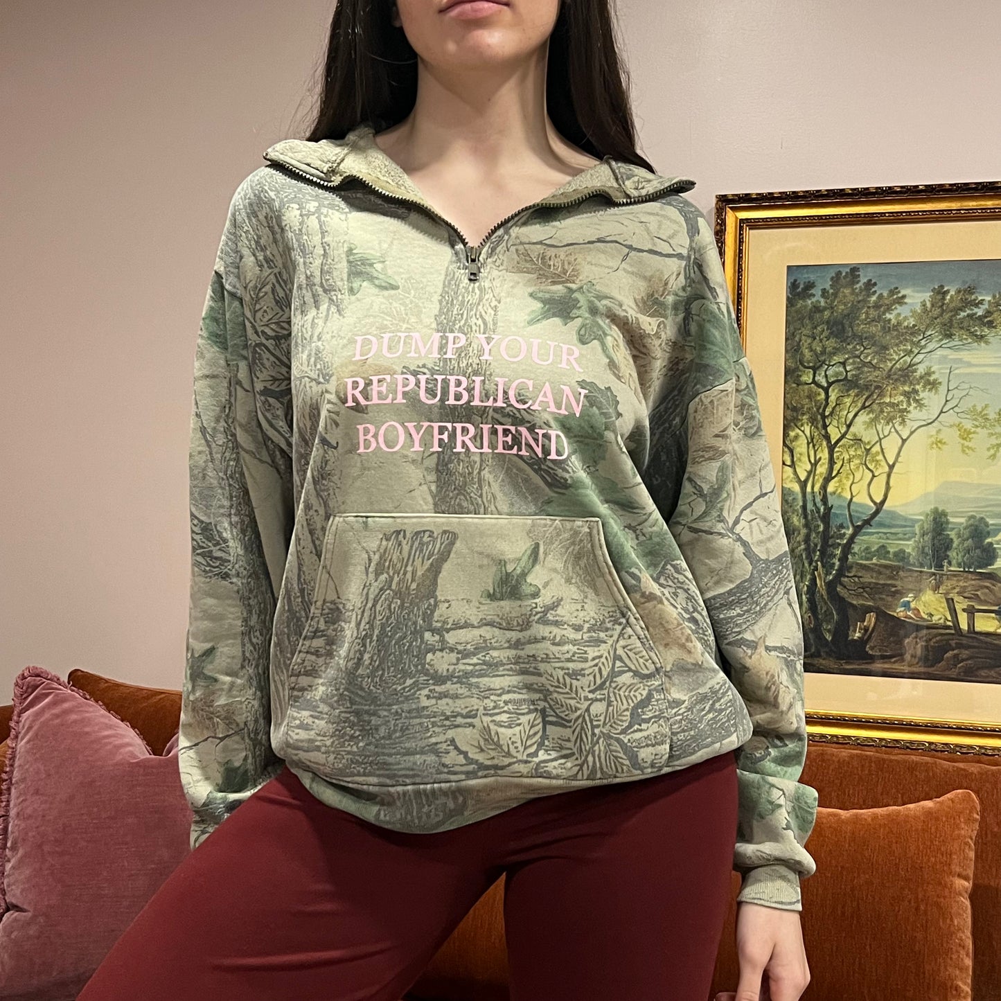 DUMP YOUR REPUBLICAN BOYFRIEND camo zip-up with pink text (L)