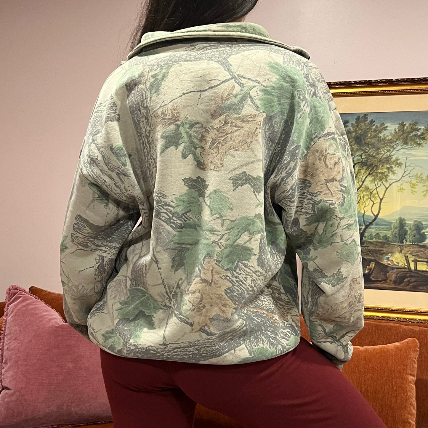 DUMP YOUR REPUBLICAN BOYFRIEND camo zip-up with pink text (L)