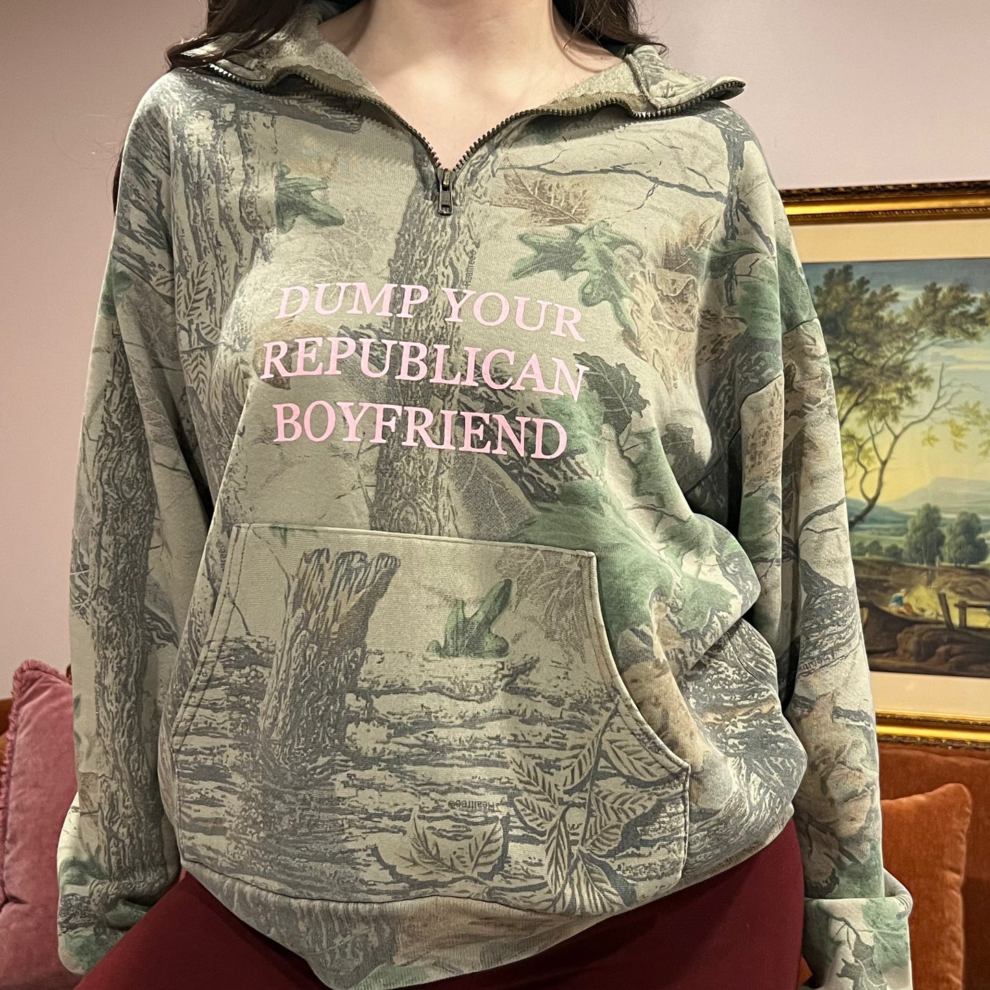 DUMP YOUR REPUBLICAN BOYFRIEND camo zip-up with pink text (L)