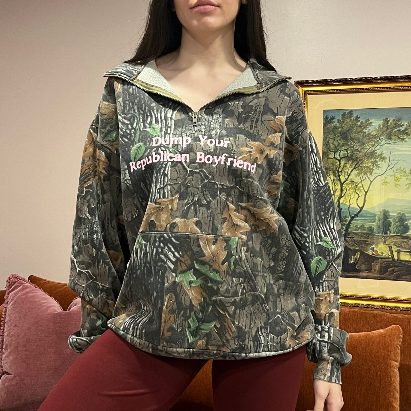DUMP YOUR REPUBLICAN BOYFRIEND camo zip-up with pink text (XL)