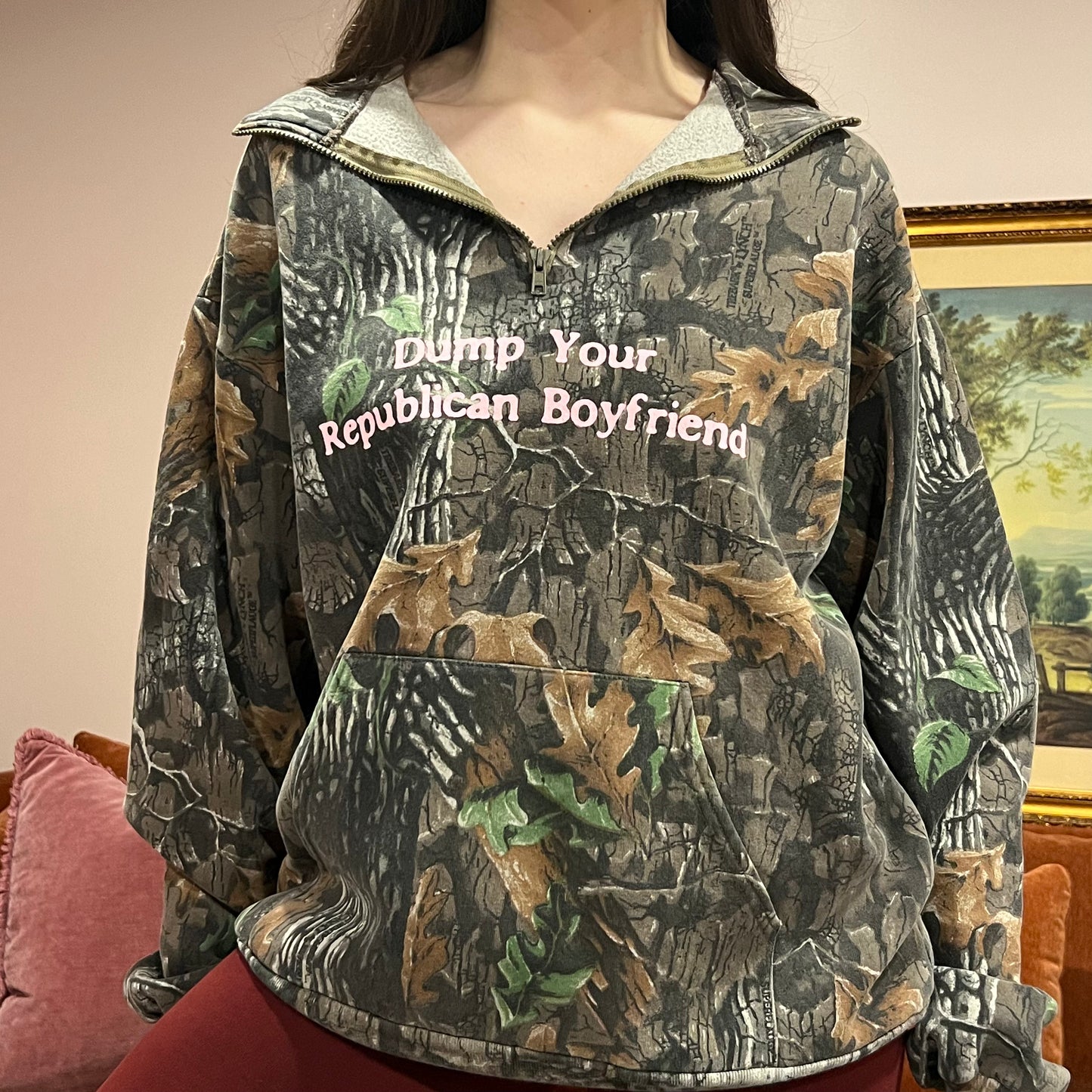 DUMP YOUR REPUBLICAN BOYFRIEND camo zip-up with pink text (XL)