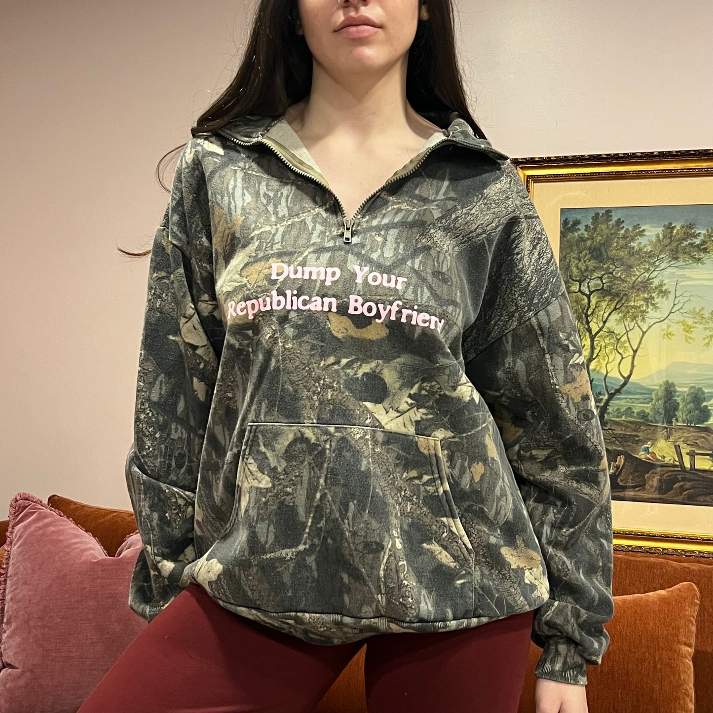 DUMP YOUR REPUBLICAN BOYFRIEND camo zip-up with pink text (XL)