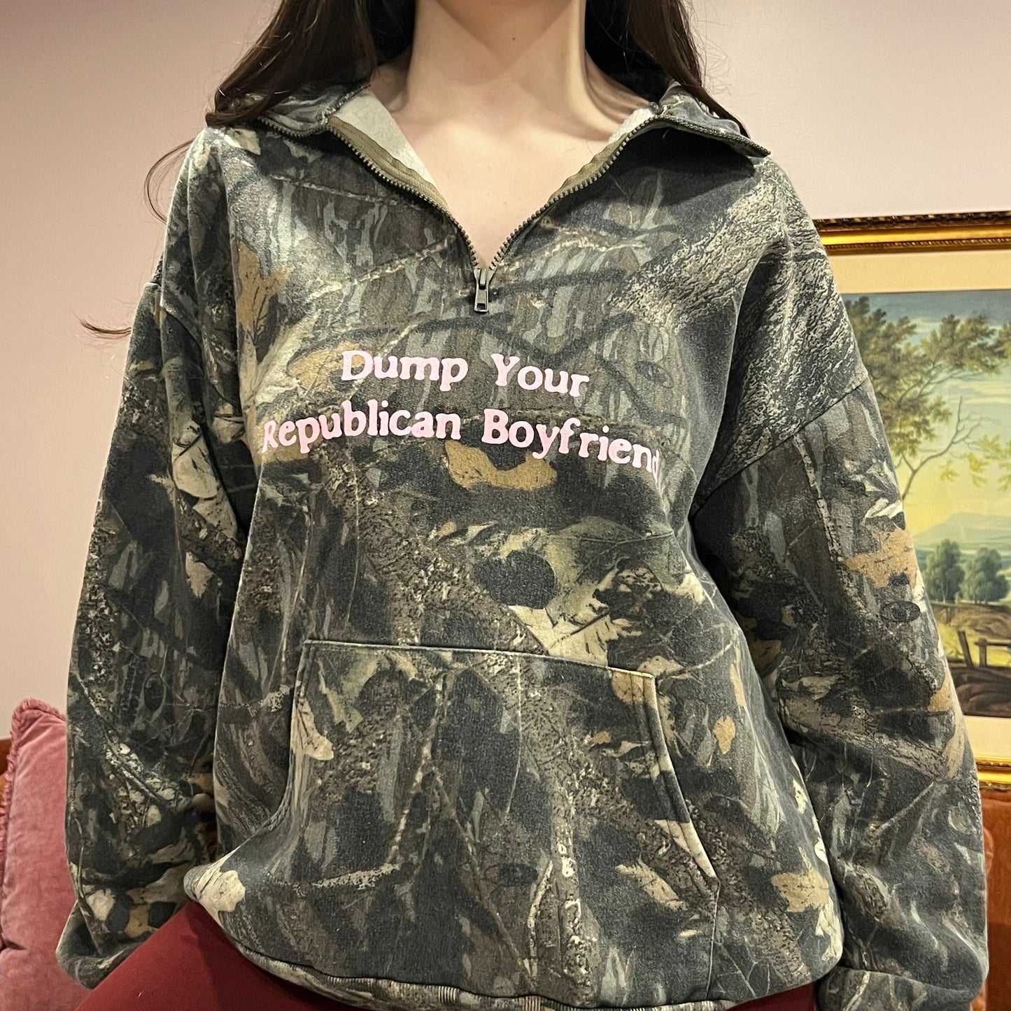 DUMP YOUR REPUBLICAN BOYFRIEND camo zip-up with pink text (XL)