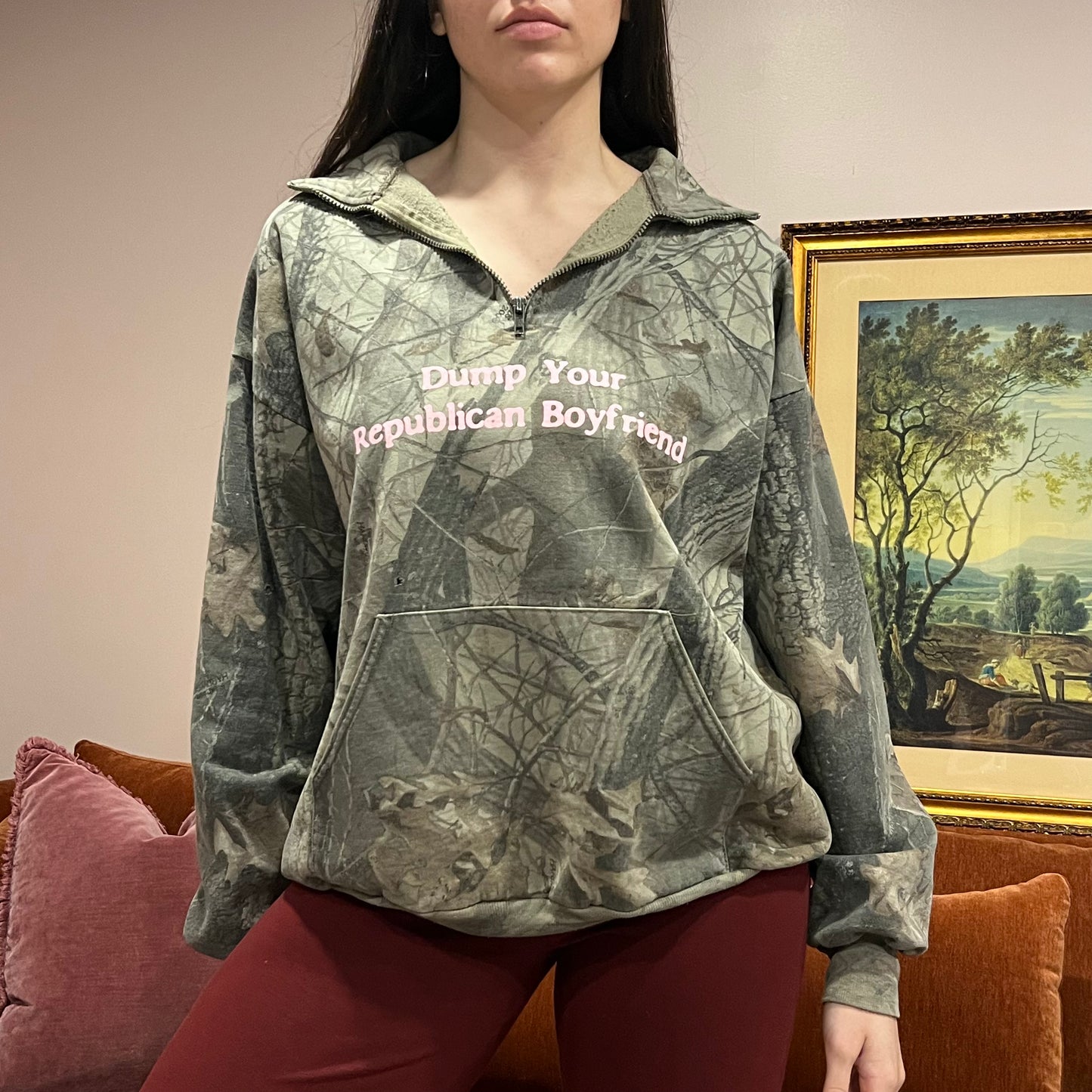 DUMP YOUR REPUBLICAN BOYFRIEND camo zip-up with pink text (L)
