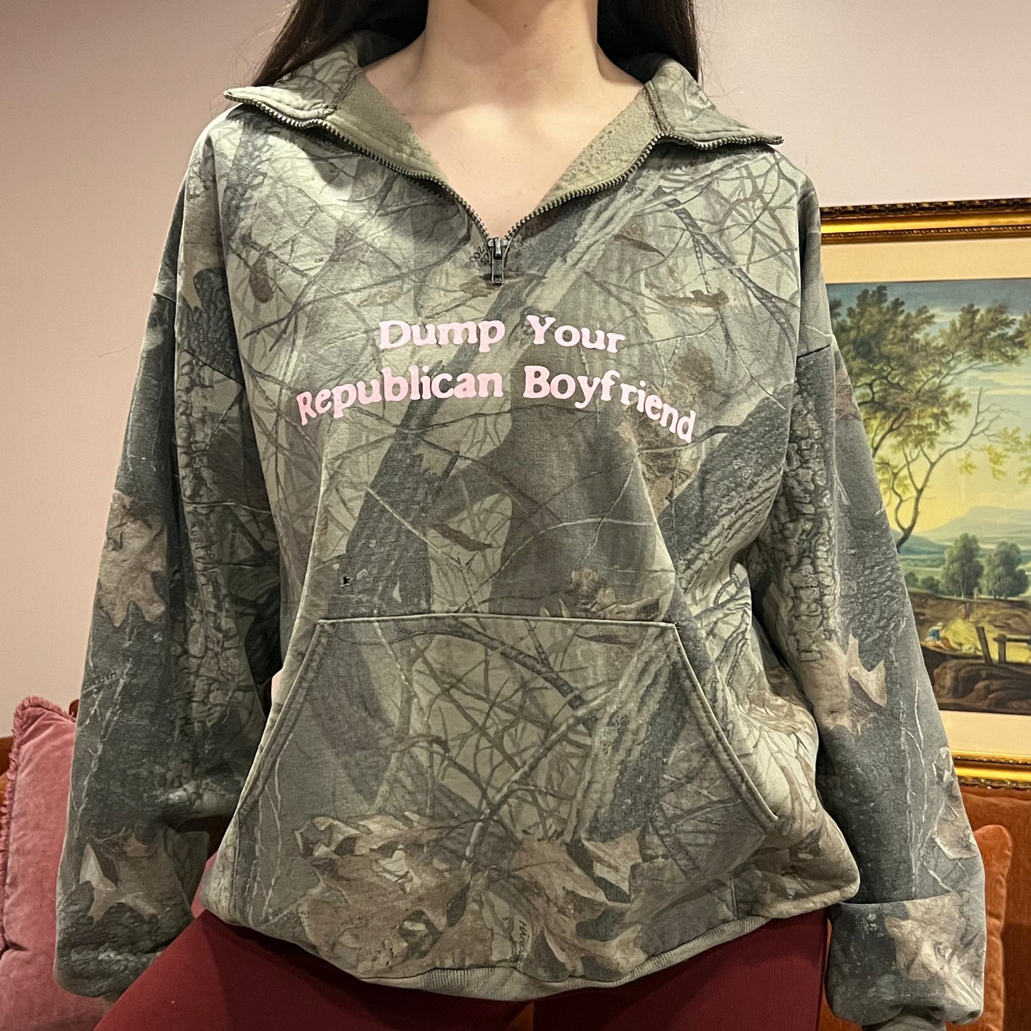 DUMP YOUR REPUBLICAN BOYFRIEND camo zip-up with pink text (L)