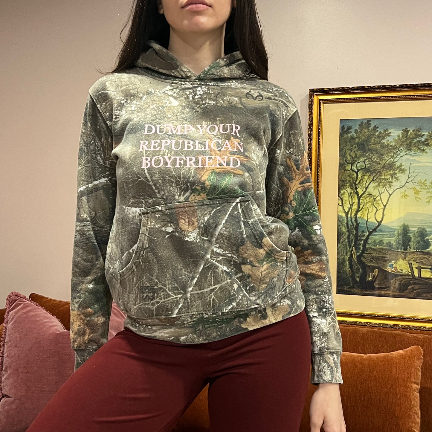 DUMP YOUR REPUBLICAN BOYFRIEND camo hoodie with pink text (M)