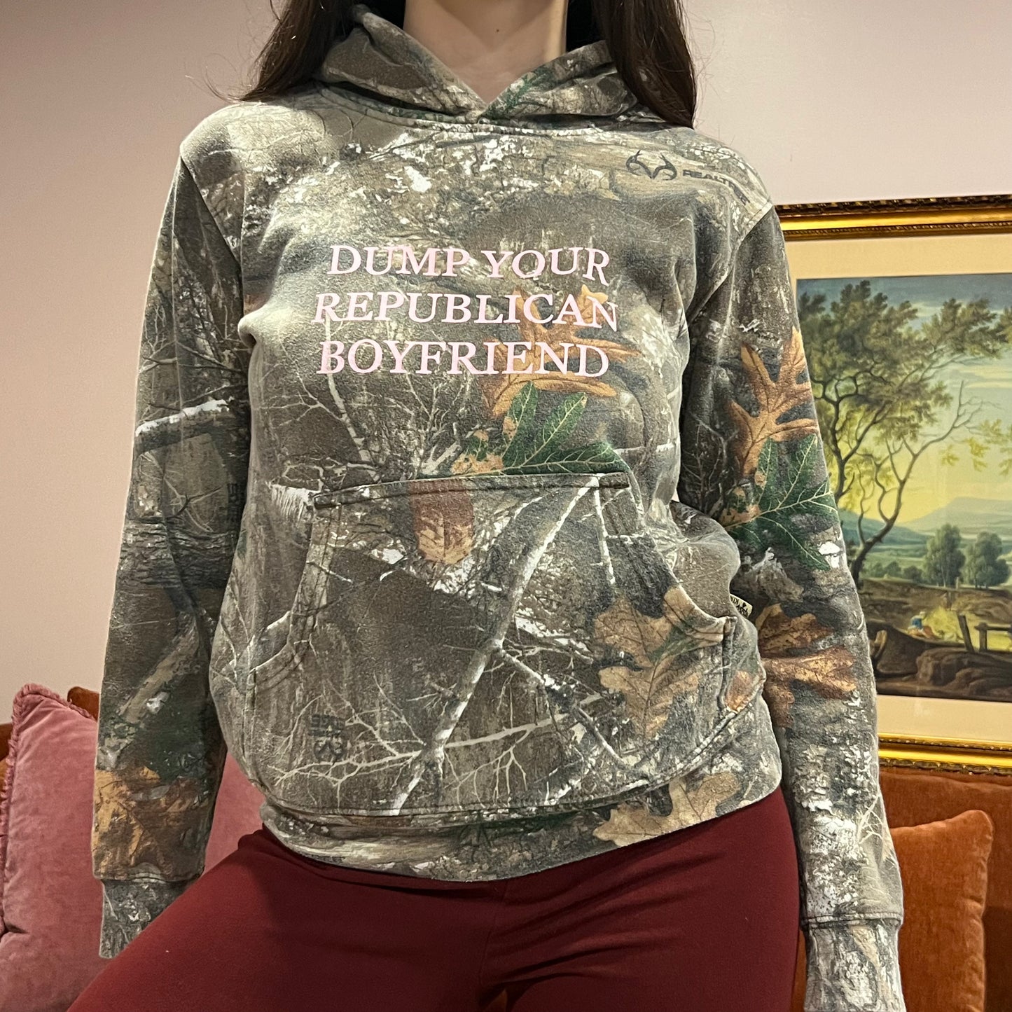 DUMP YOUR REPUBLICAN BOYFRIEND camo hoodie with pink text (M)
