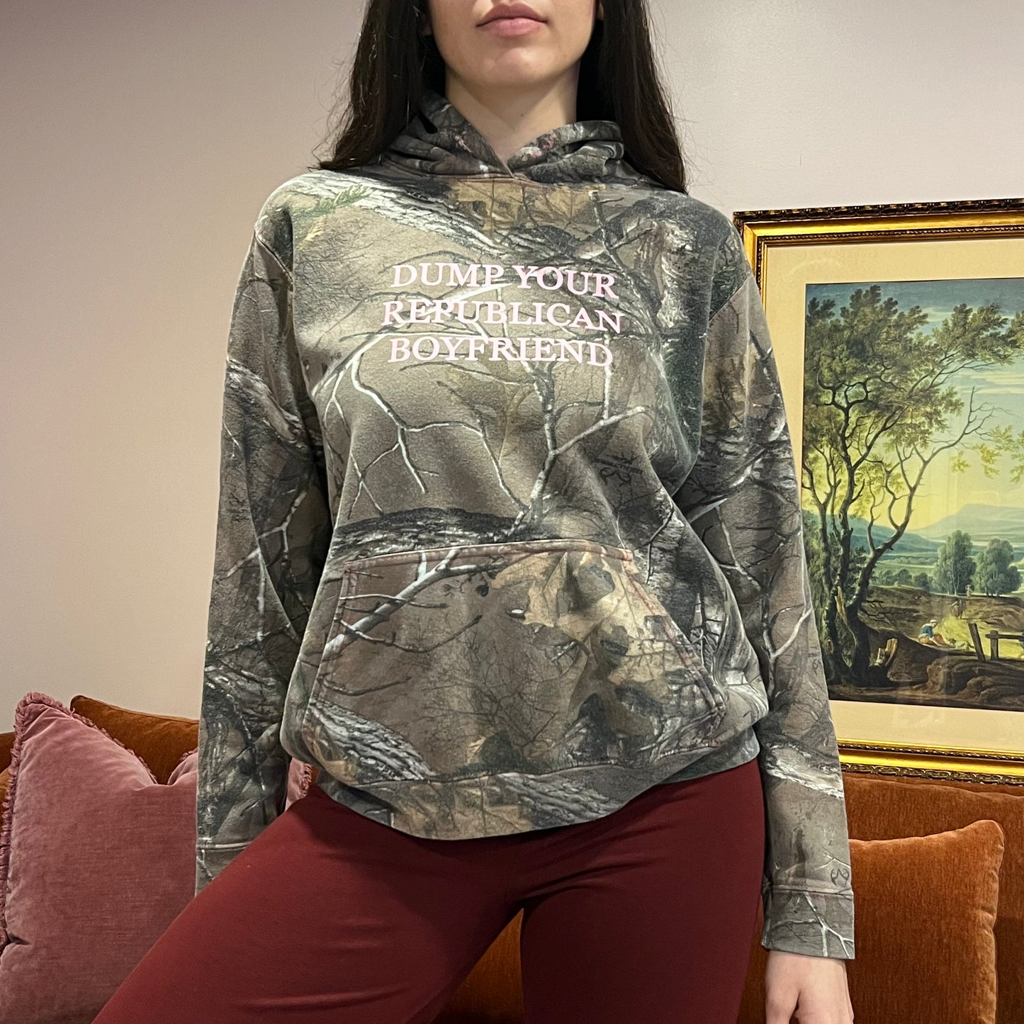 DUMP YOUR REPUBLICAN BOYFRIEND camo hoodie with pink text (L)