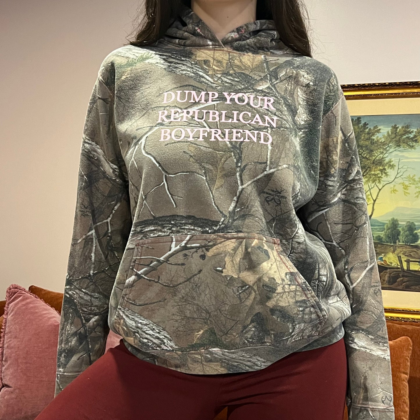 DUMP YOUR REPUBLICAN BOYFRIEND camo hoodie with pink text (L)