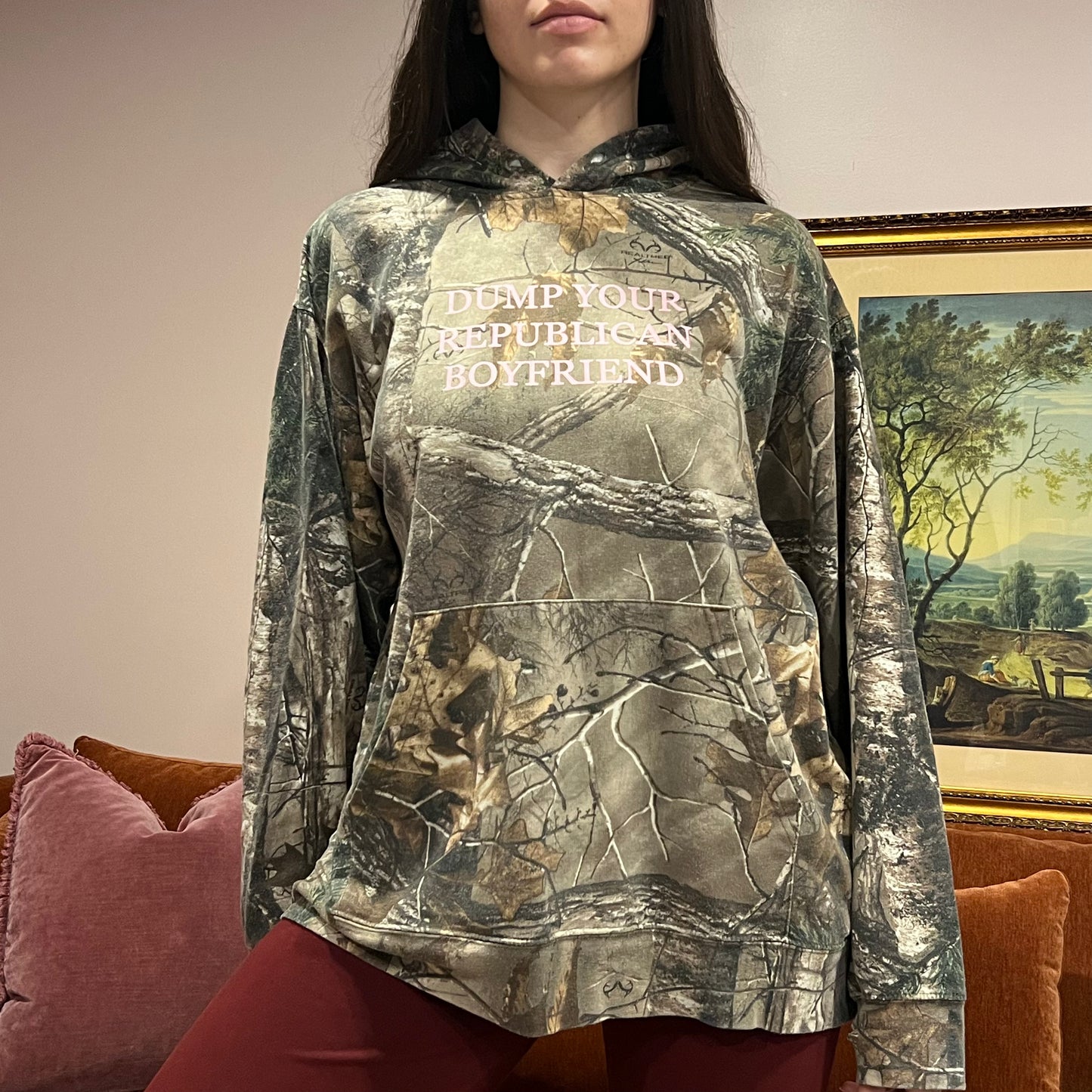 DUMP YOUR REPUBLICAN BOYFRIEND camo hoodie with pink text (L)