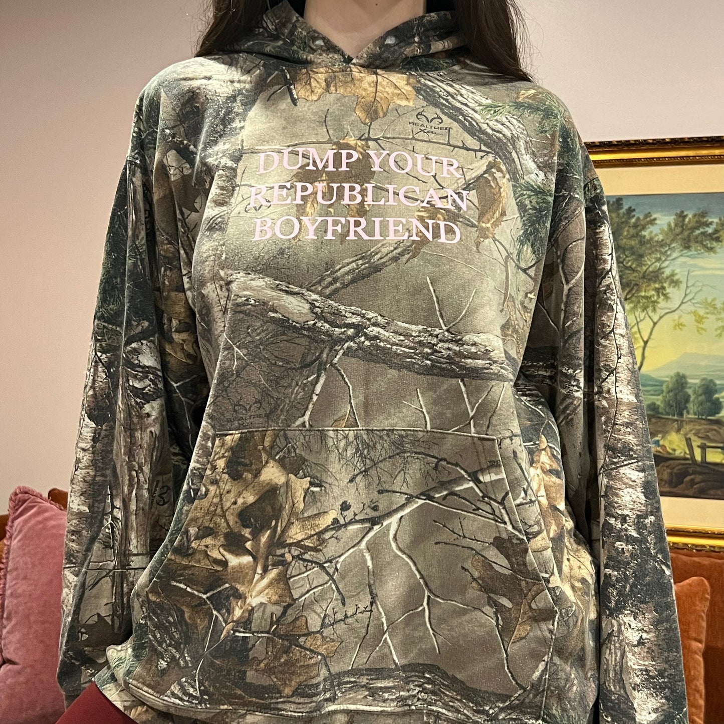 DUMP YOUR REPUBLICAN BOYFRIEND camo hoodie with pink text (L)