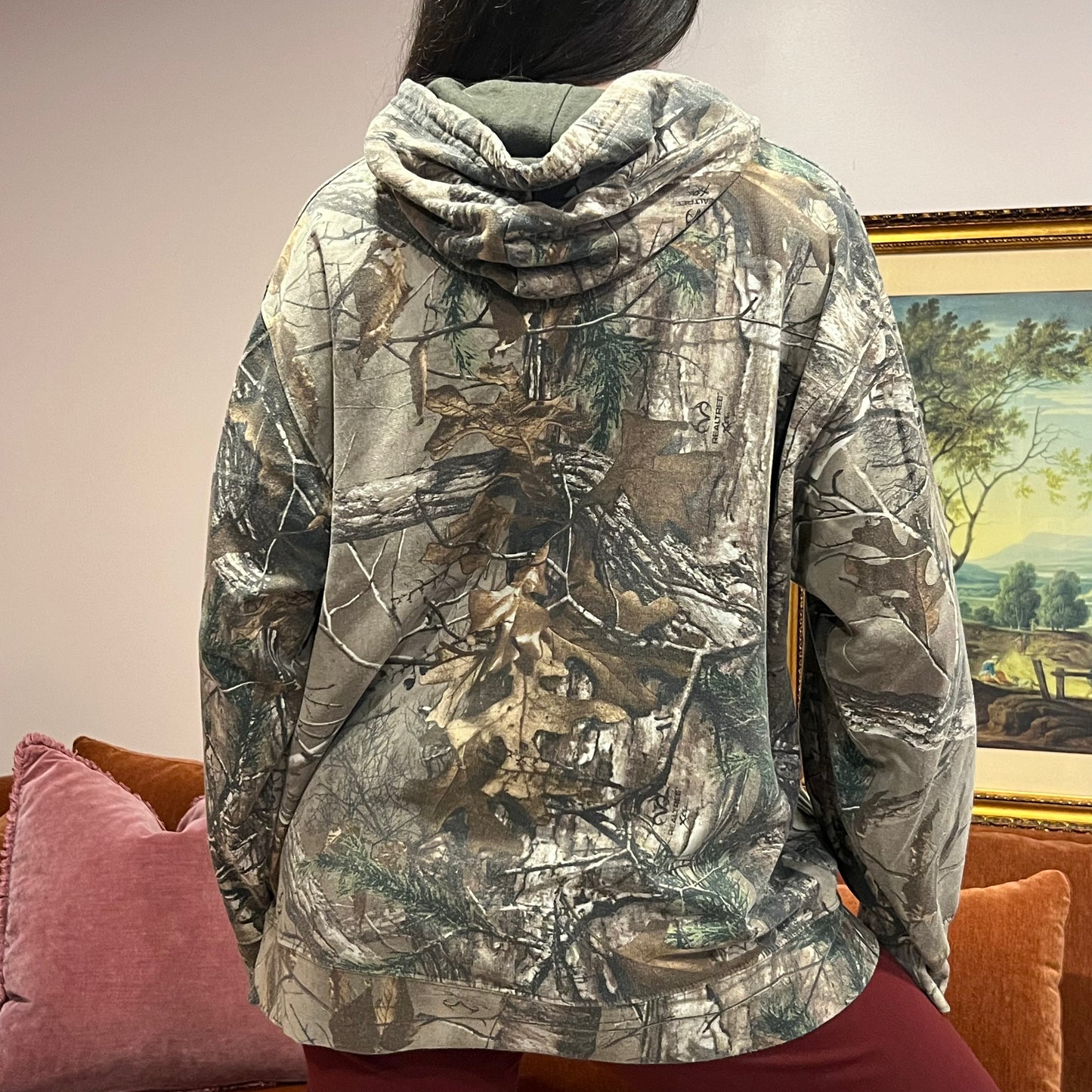 DUMP YOUR REPUBLICAN BOYFRIEND camo hoodie with pink text (L)