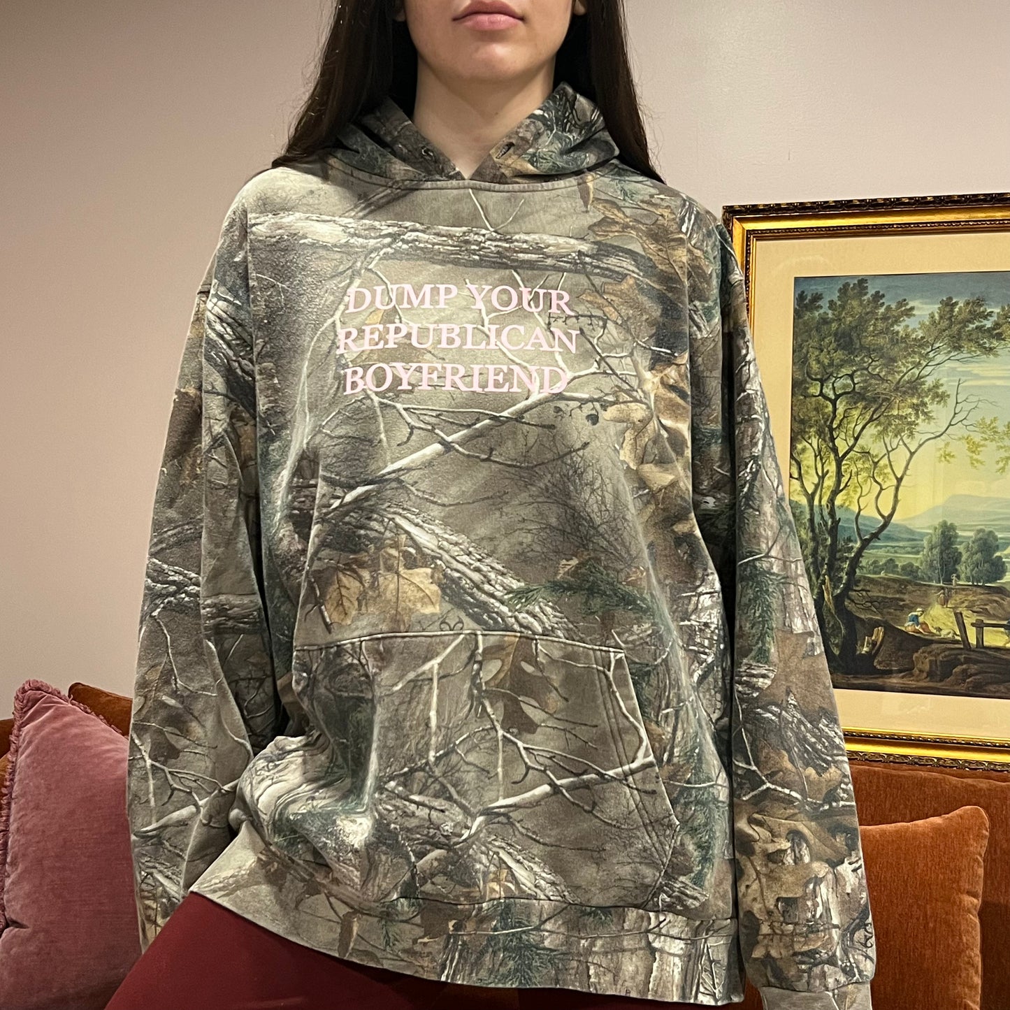 DUMP YOUR REPUBLICAN BOYFRIEND camo hoodie with pink text (XL)