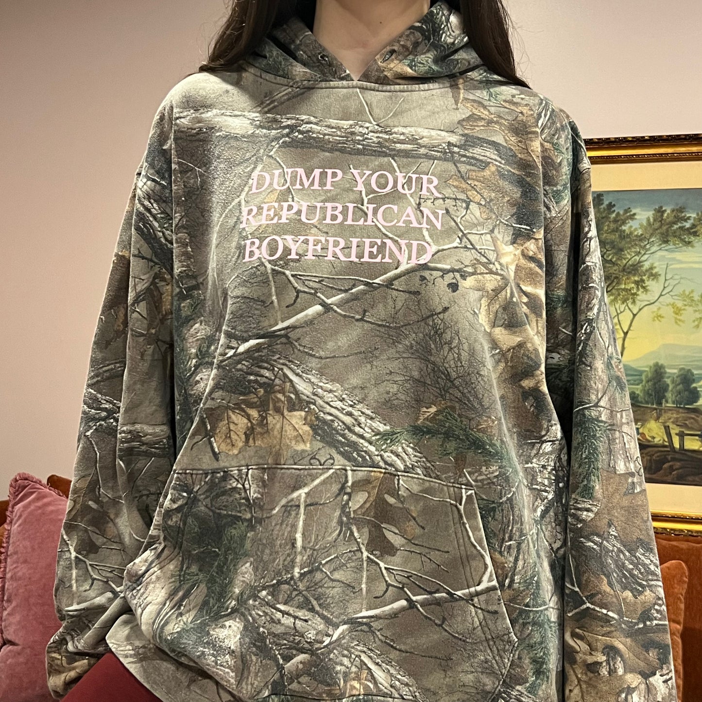 DUMP YOUR REPUBLICAN BOYFRIEND camo hoodie with pink text (XL)
