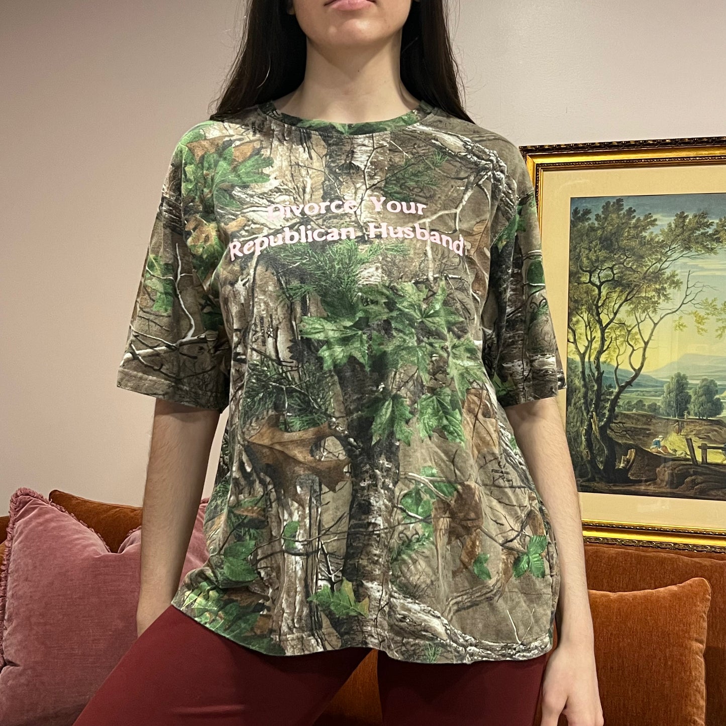 DIVORCE YOUR REPUBLICAN HUSBAND camo t-shirt with pink text (L)