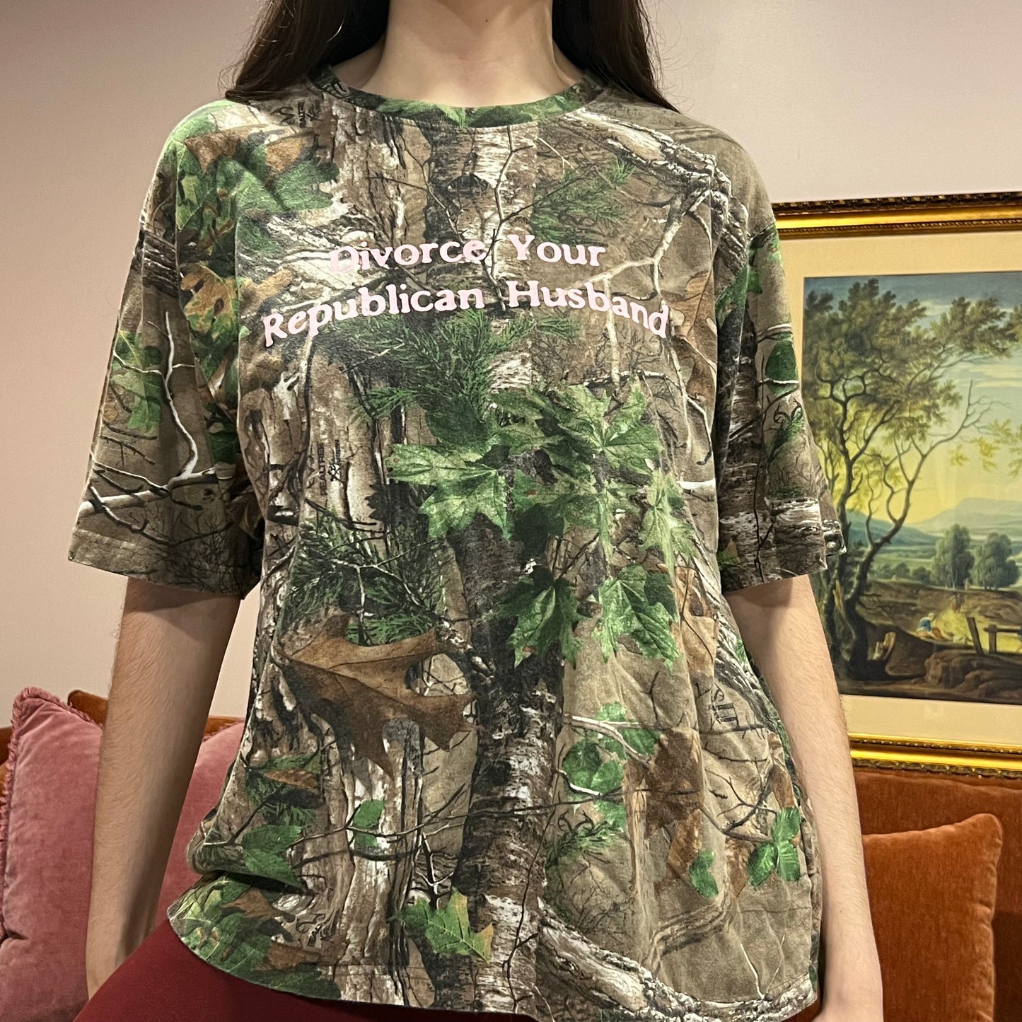 DIVORCE YOUR REPUBLICAN HUSBAND camo t-shirt with pink text (L)
