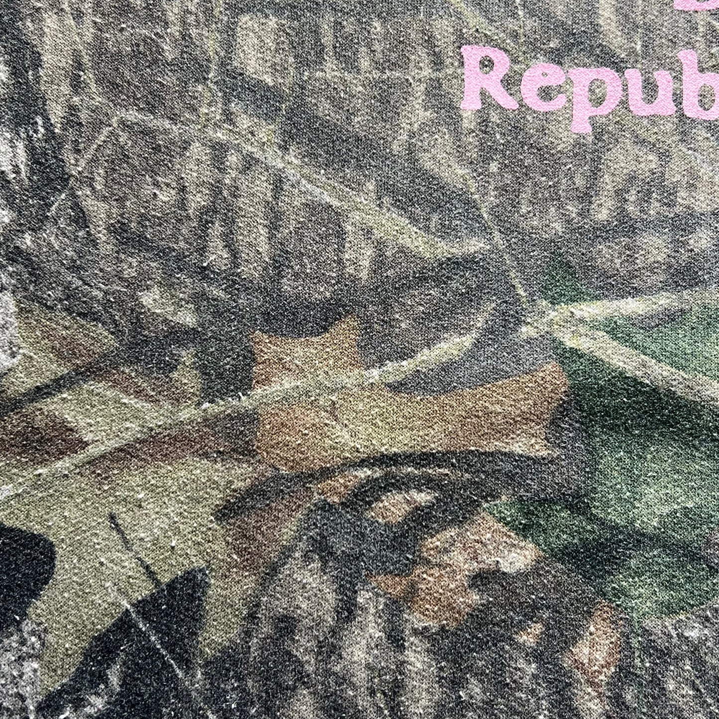 DUMP YOUR REPUBLICAN BOYFRIEND camo crewneck with pink text (XL)