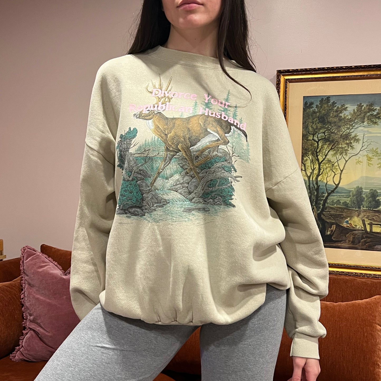 DIVORCE YOUR REPUBLICAN HUSBAND animal crewneck with pink text (2XL)