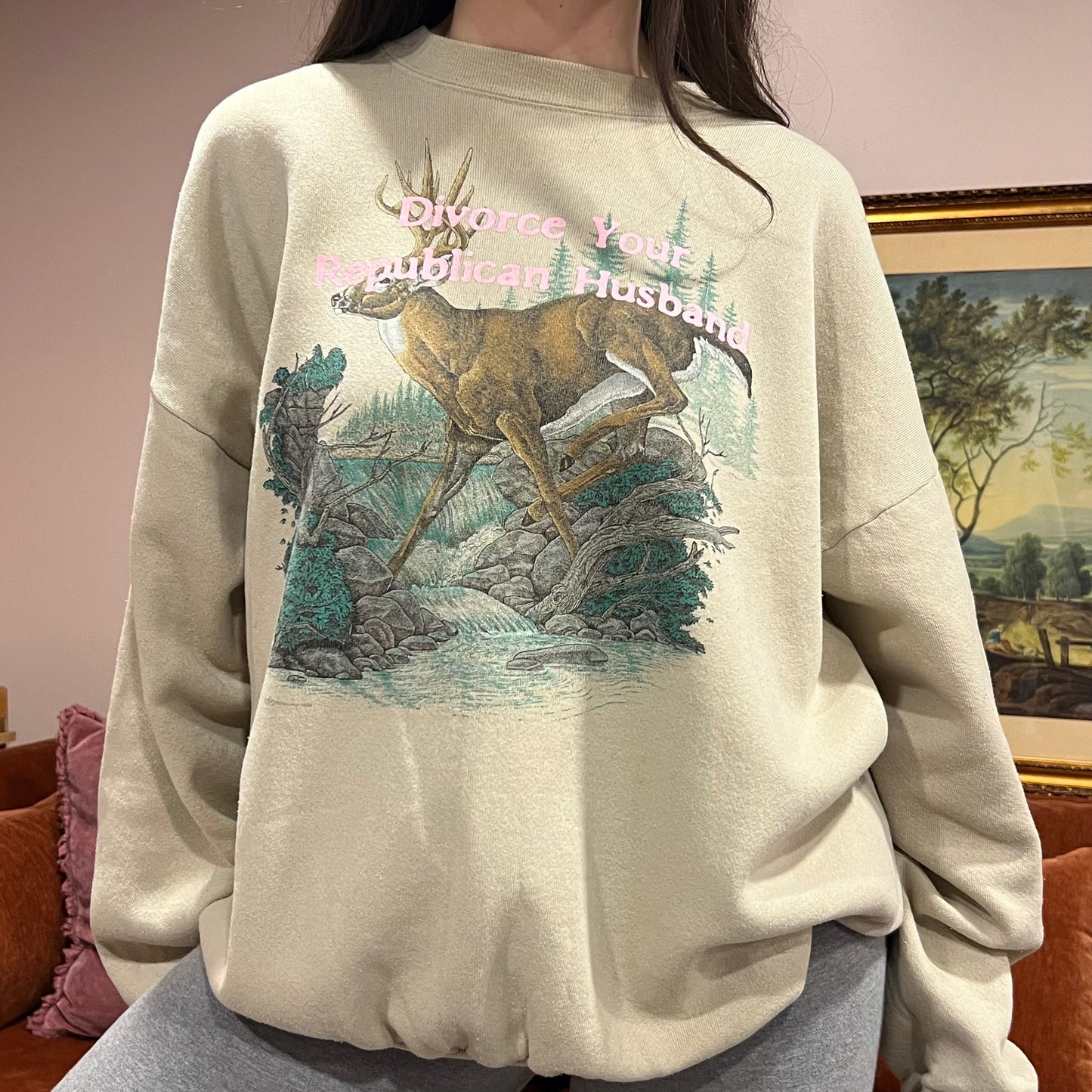 DIVORCE YOUR REPUBLICAN HUSBAND animal crewneck with pink text (2XL)