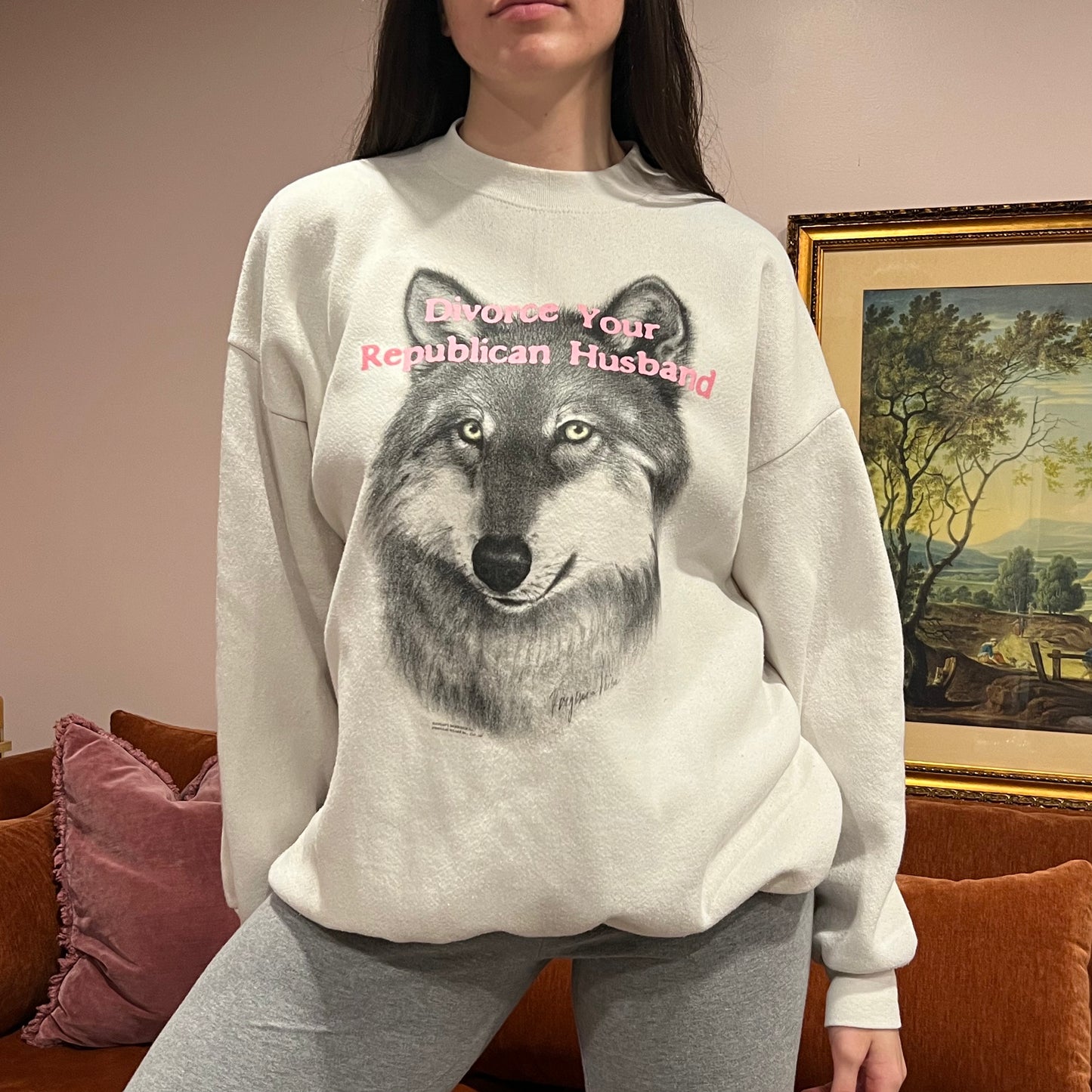 DIVORCE YOUR REPUBLICAN HUSBAND animal crewneck with pink text (XL)