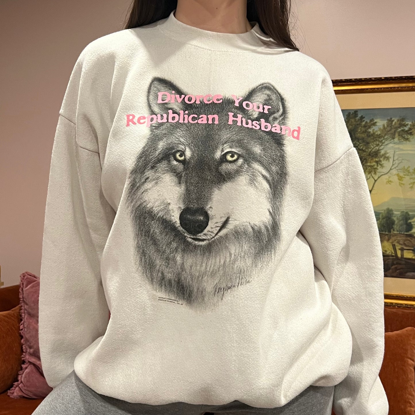 DIVORCE YOUR REPUBLICAN HUSBAND animal crewneck with pink text (XL)