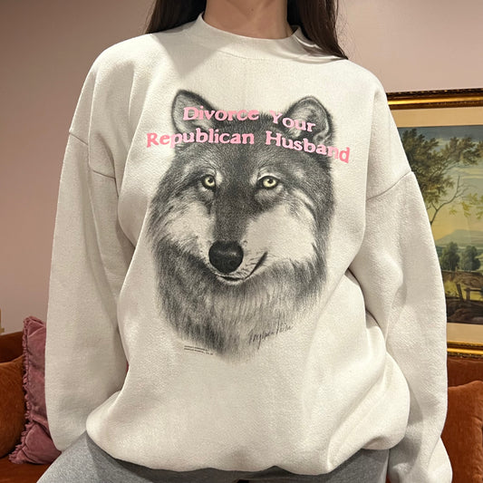 DIVORCE YOUR REPUBLICAN HUSBAND animal crewneck with pink text (XL)