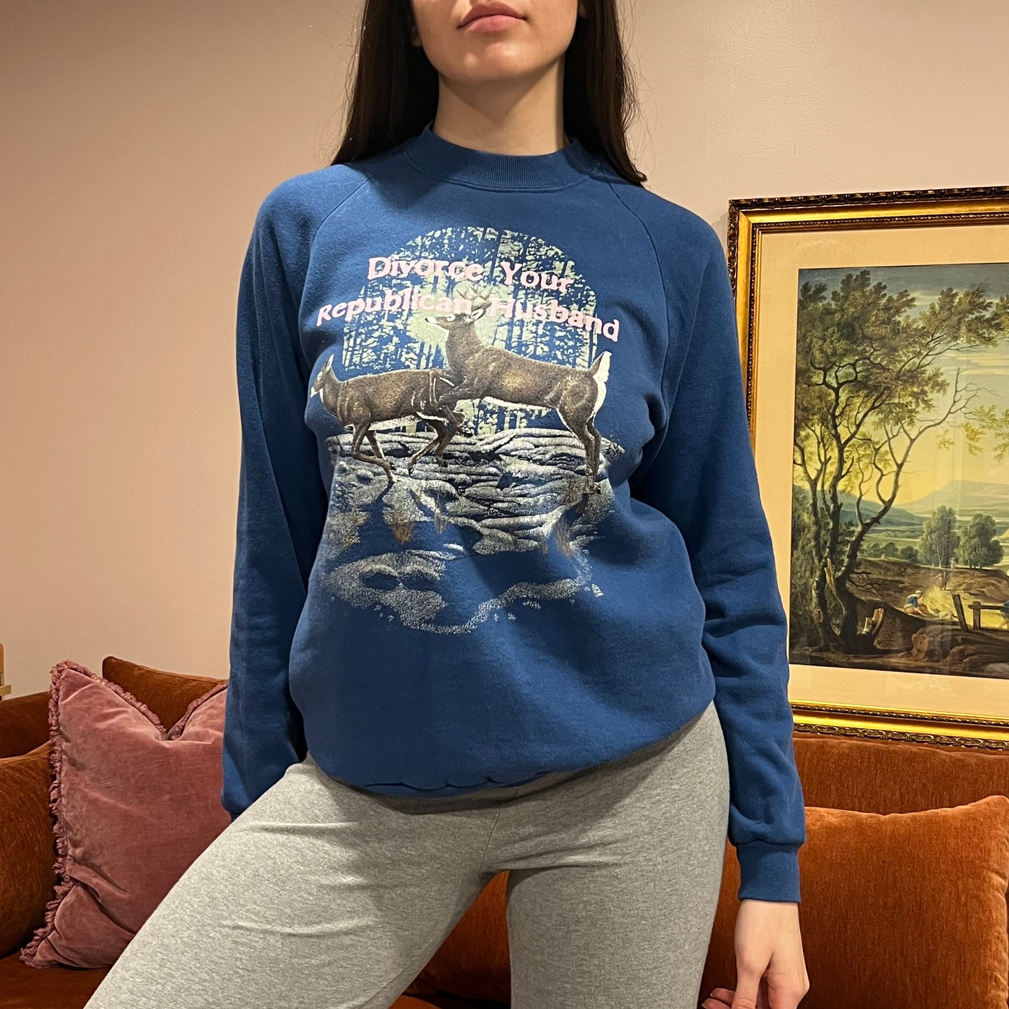 DIVORCE YOUR REPUBLICAN HUSBAND animal crewneck with pink text (L)