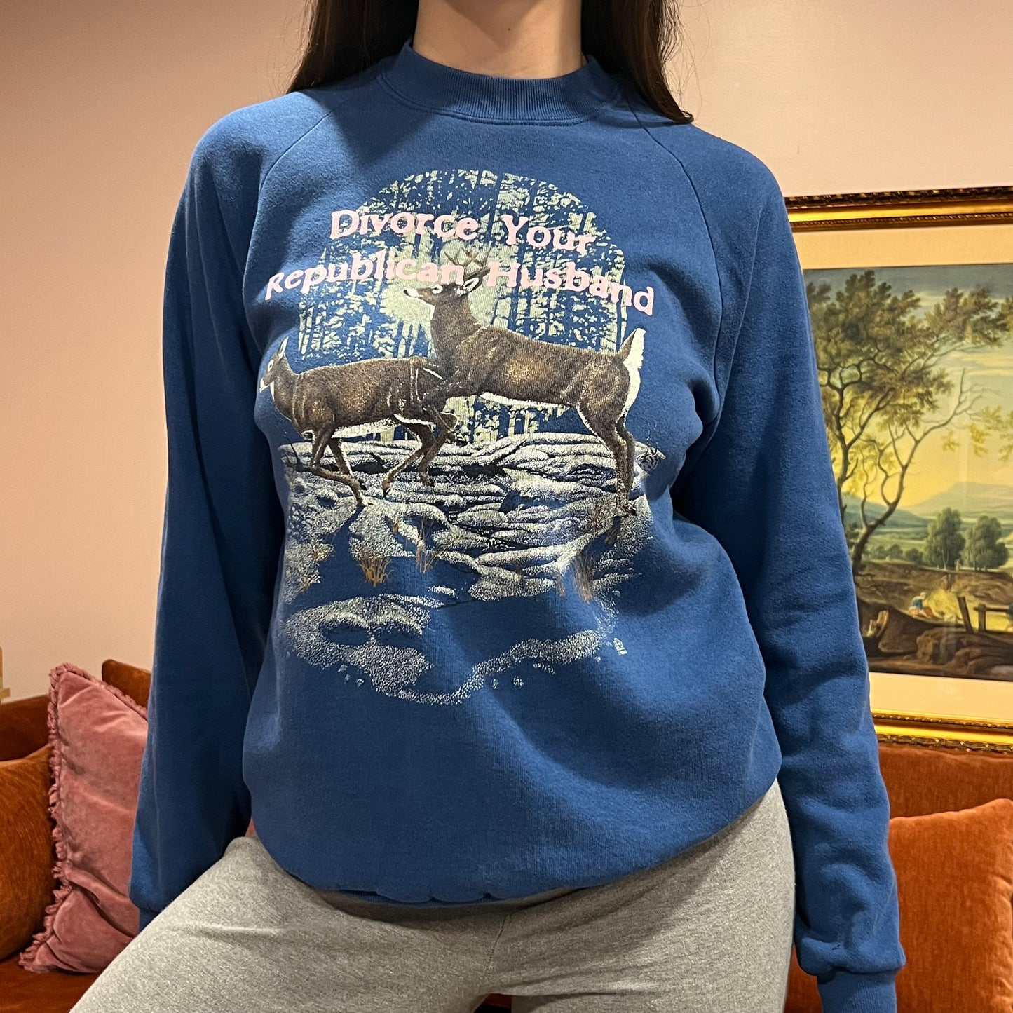 DIVORCE YOUR REPUBLICAN HUSBAND animal crewneck with pink text (L)