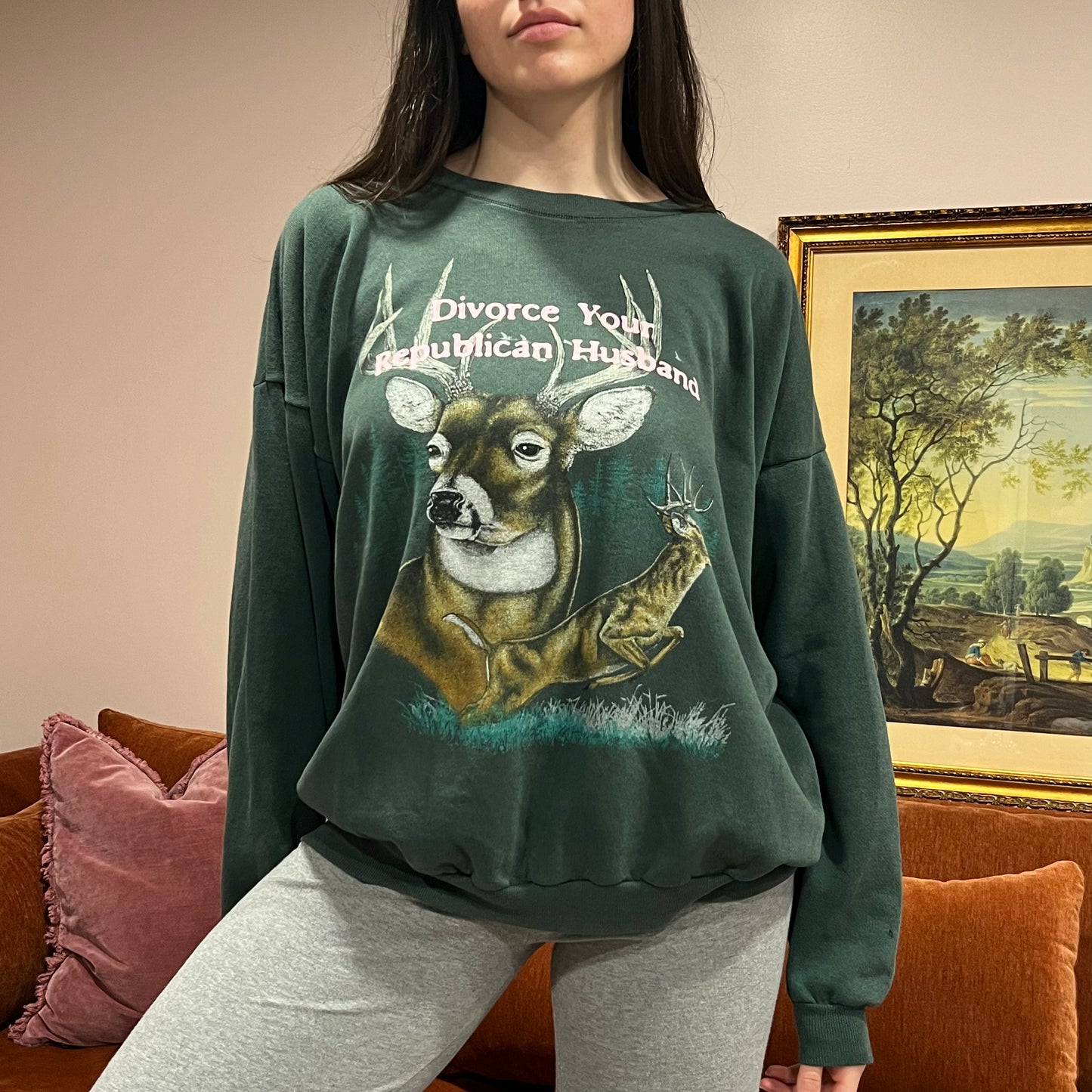 DIVORCE YOUR REPUBLICAN HUSBAND animal crewneck with pink text (XL)