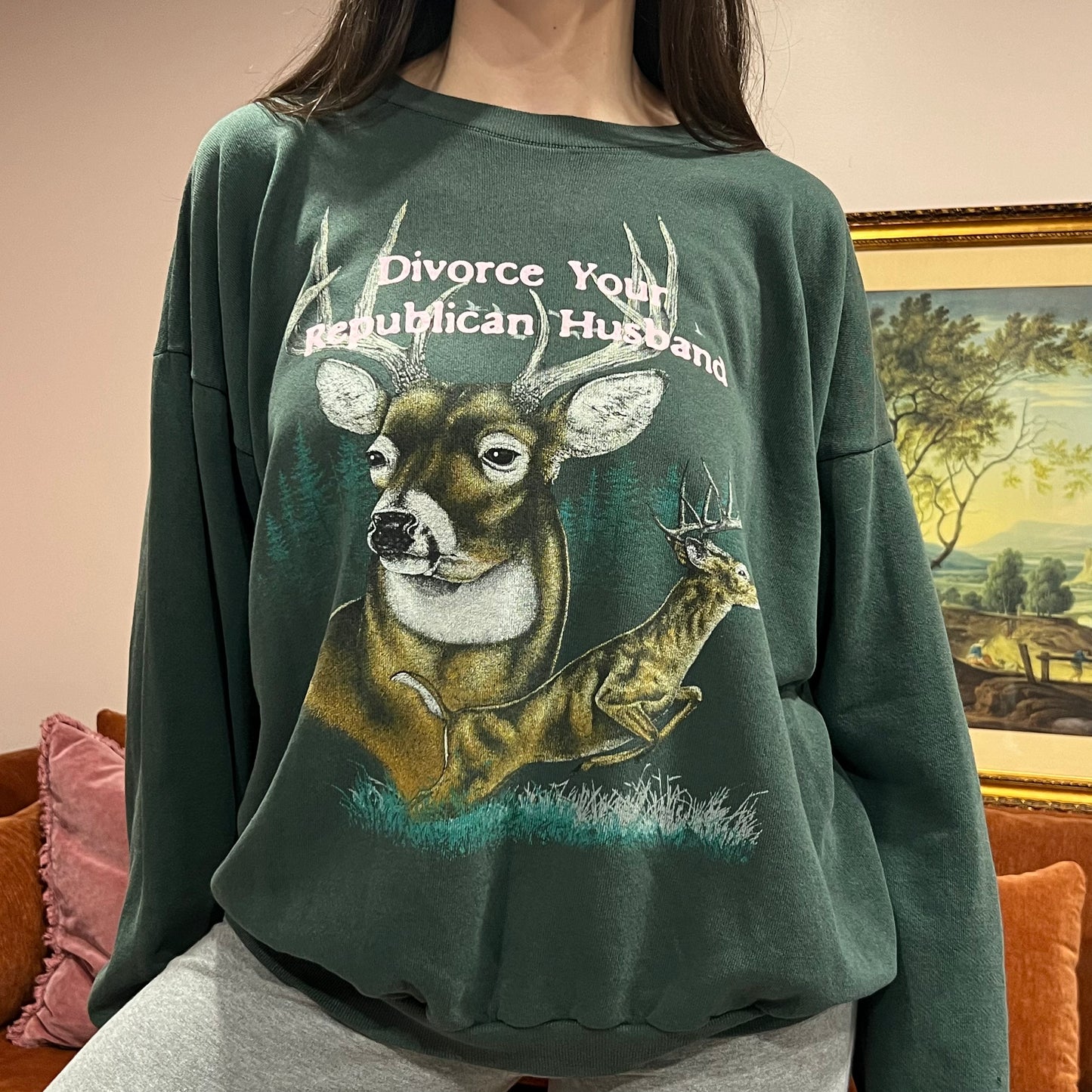 DIVORCE YOUR REPUBLICAN HUSBAND animal crewneck with pink text (XL)