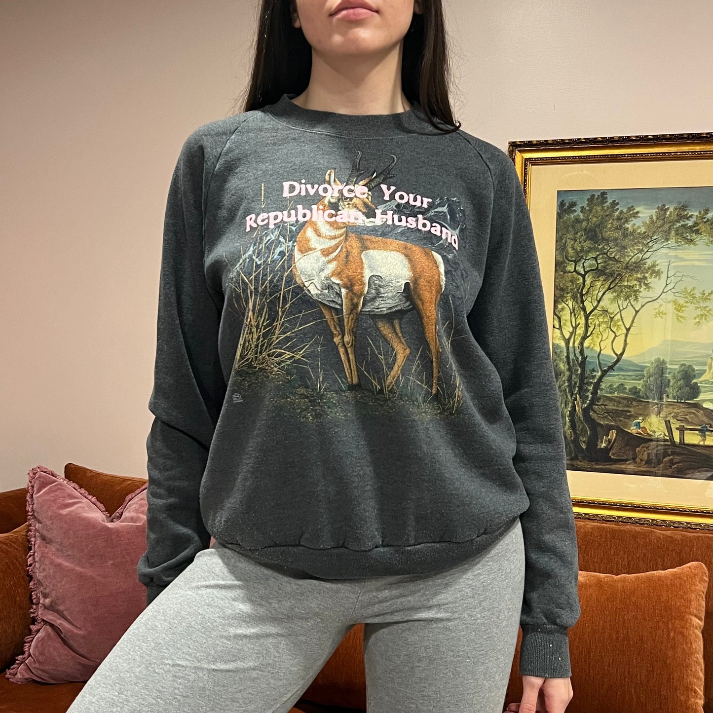 DIVORCE YOUR REPUBLICAN HUSBAND animal crewneck with pink text (XL)